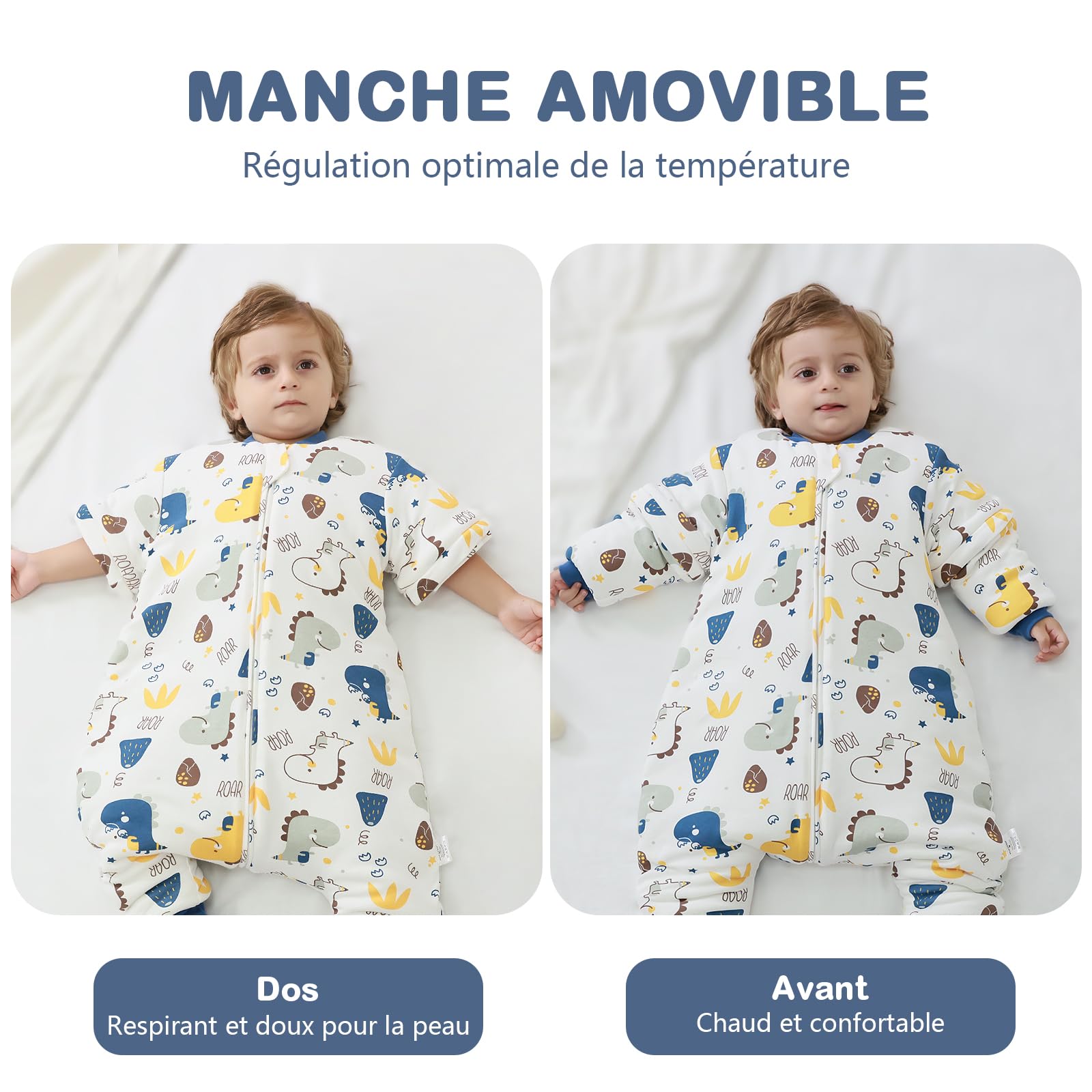 Gigoteuse pour Bébé avec Pieds, Manches Amovibles et Chaussettes - Gigoteuse Tog 3.5 Coton - Turbulette Hiver pour Bébé, Fille Garçon-Bébés Dinosaures (18-36 Mois)
