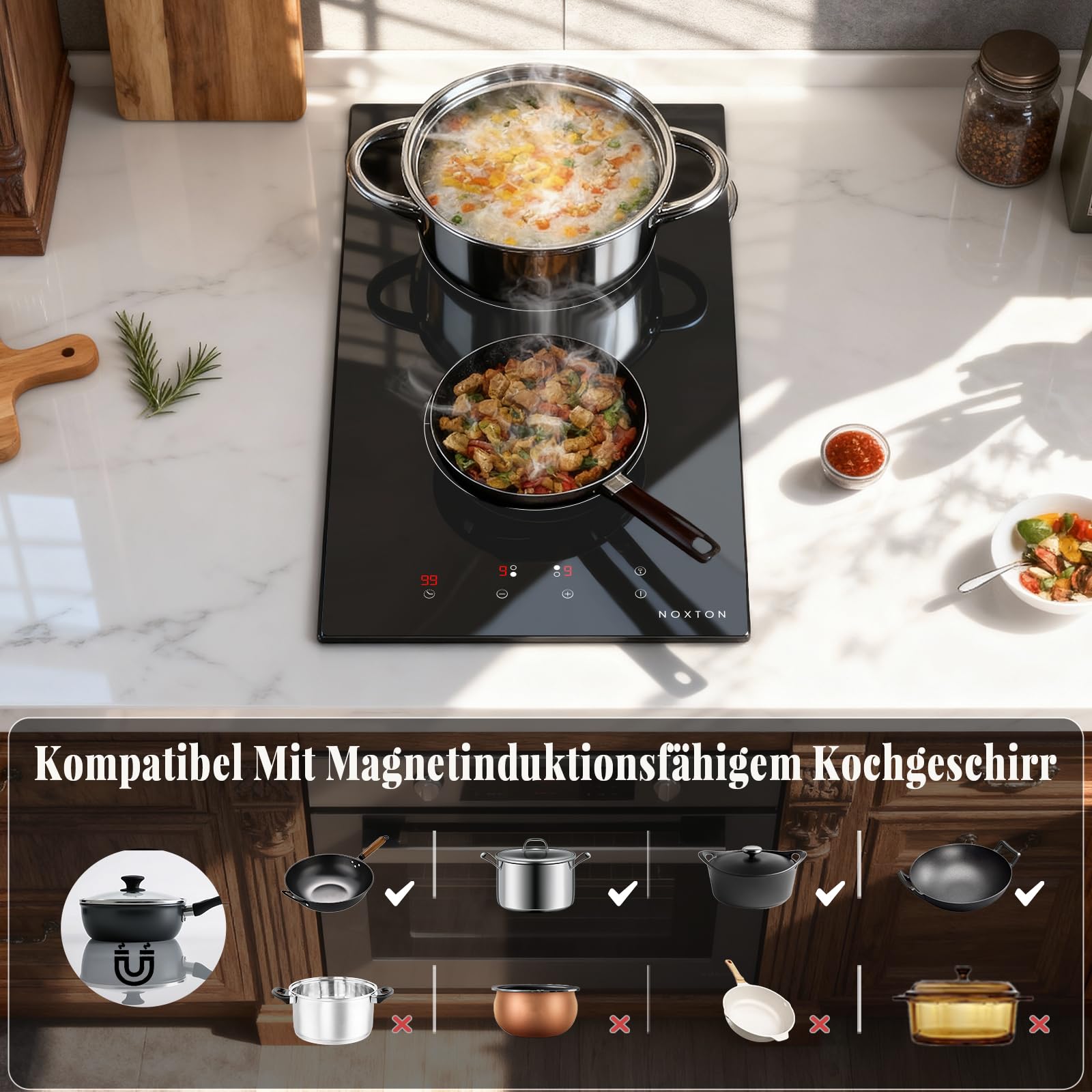 Domino Induktionskochfeld 2 Platten, Induktionskochplatte Doppelt, 3500W | Kochfeld 2 Platten Induktion Einbau mit Stecker, Touch-Steuerung, 9 Heizstufen, Timer, Kindersicherung, 220-240V