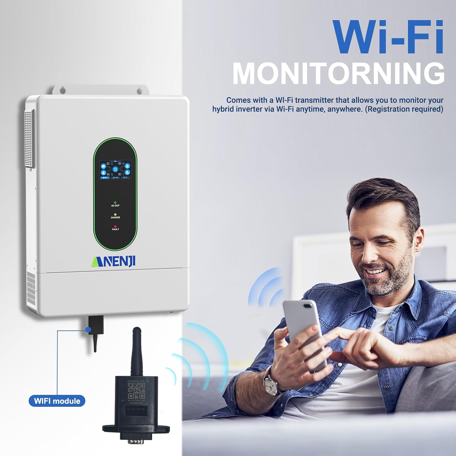 Person using a smartphone to monitor the Aninerel hybrid solar inverter via a Wi-Fi module.
