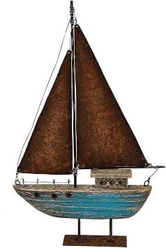 Attraction Design Wood Sailboat Decor Nautical Decoration, 13.43 H Sail Boat Decor Display Rustic Nautical Beach Theme Room Decor Nautical Tabletop Decor for Living Room Bathroom Home Decor Blue