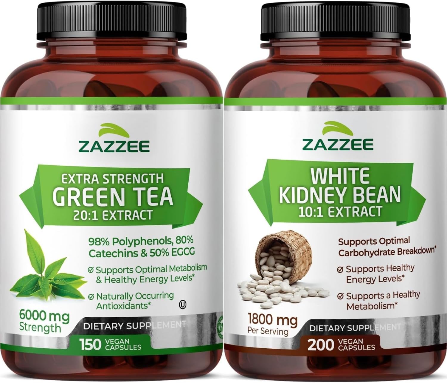 Zazzee Herbal Slimming Bundle | Extra Strength White Kidney Bean Extract and EGCG Green Tea Extract Capsules | Non-GMO Vegan & ISO Lab Tested