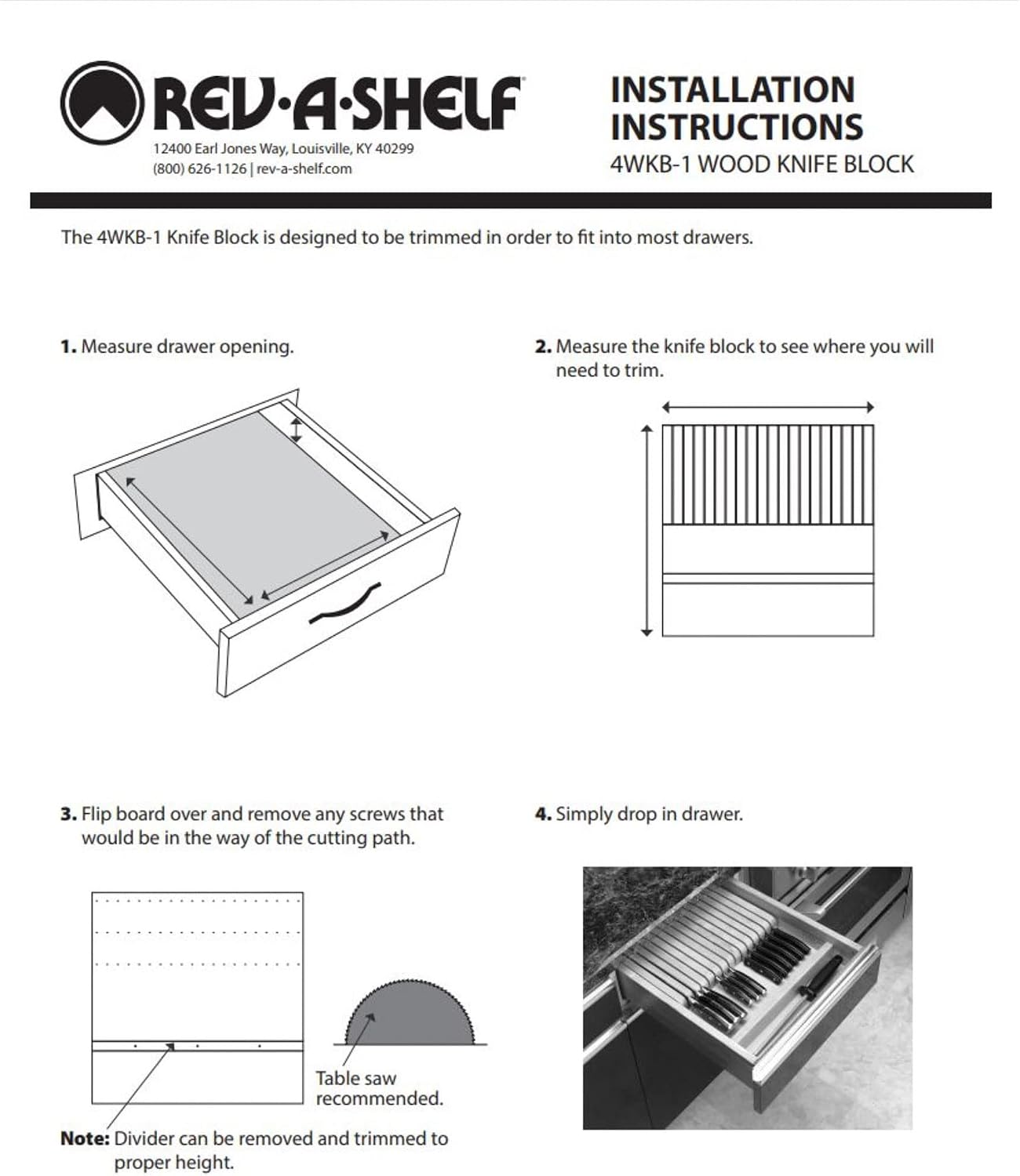 Rev-A-Shelf 4WKB-1 Trimmable 19 Slot Custom Knife Block Tray Kitchen Drawer Organizer Insert with Eating Utensil Holder Tray, Wood