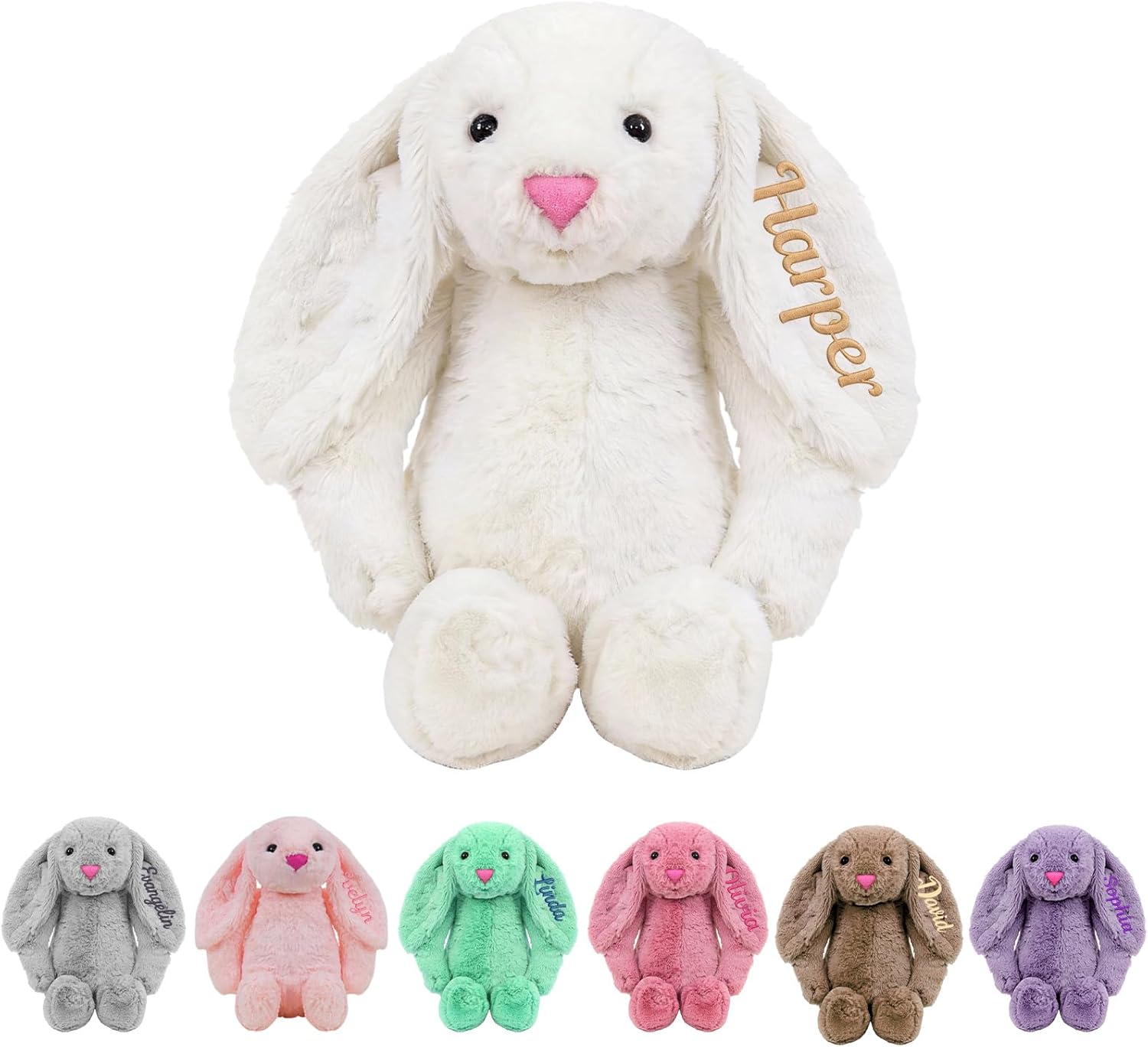 Personalized Easter Bunny Stuffed Animal, Custom Name Fluffy Rabbit Doll, Handcraft Plush Bunny with Long Ears Embroidered, Easter Stuffed Animals Gifts for Girls Boys Kids Color01