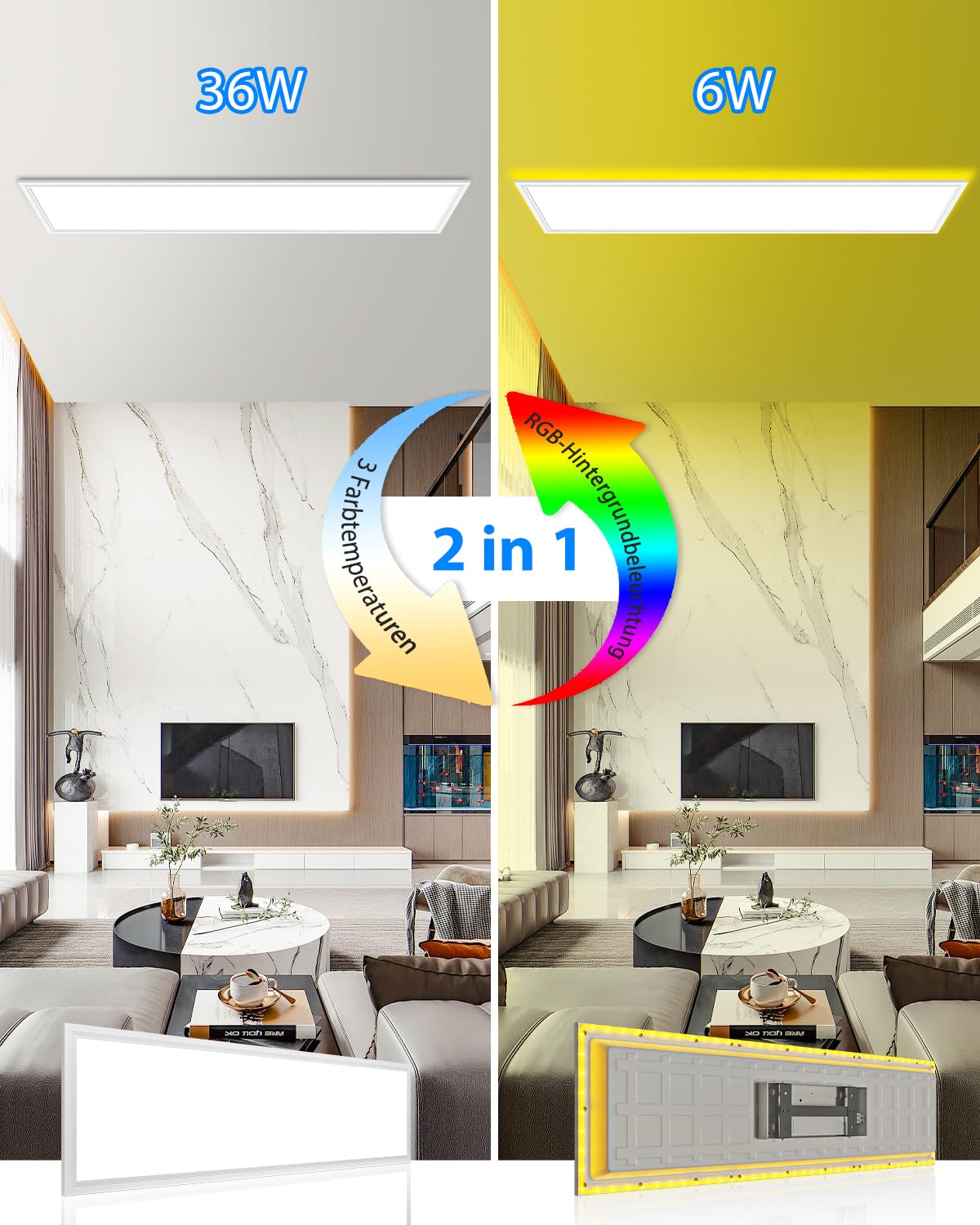 Peasur LED Deckenleuchte Flach mit Fernbedienung, 42W 4600LM Deckenlampe mit 7 RGB Farbwechsel Hintergrundbeleuchtung Panel Lang, 120x30cm 3000K-6500K Dimmbar für Küche Schlafzimmer Wohnzimmer