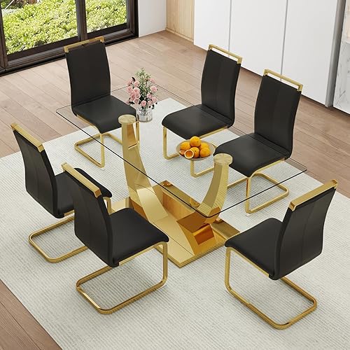 Miniatura 10 de Juego de mesa de comedor de mármol sintético para 6, mesa de comedor moderna de 71 pulgadas para 6, mesa de cocina dorada de lujo y 6 sillas de Mesa