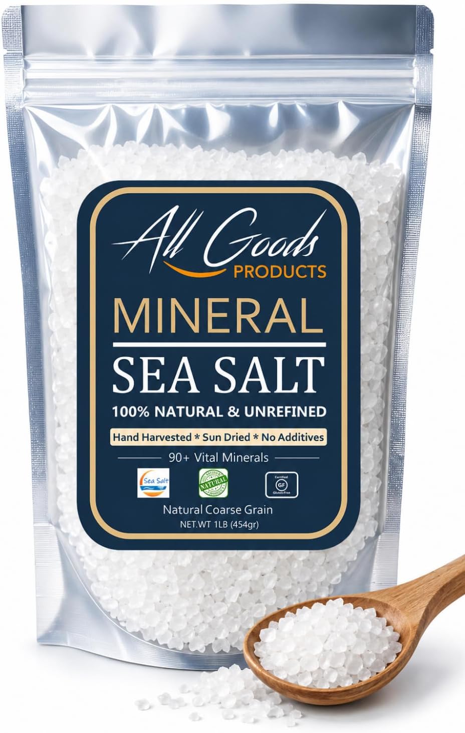 All Goods Baja Mineral Sea Salt 16oz, Natural Coarse Grain Crystals,Hand Harvested | Cooking, Baking & Seasoning All Dishes | Low Sodium, Magnesium & Potassium Loaded | Ideal for Electrolyte Balance,