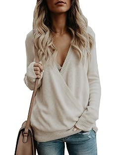 Hount Womens Deep V Neck Long Sleeve Sweater Casual Knitted Wrap Front Pullover Jumper Tops