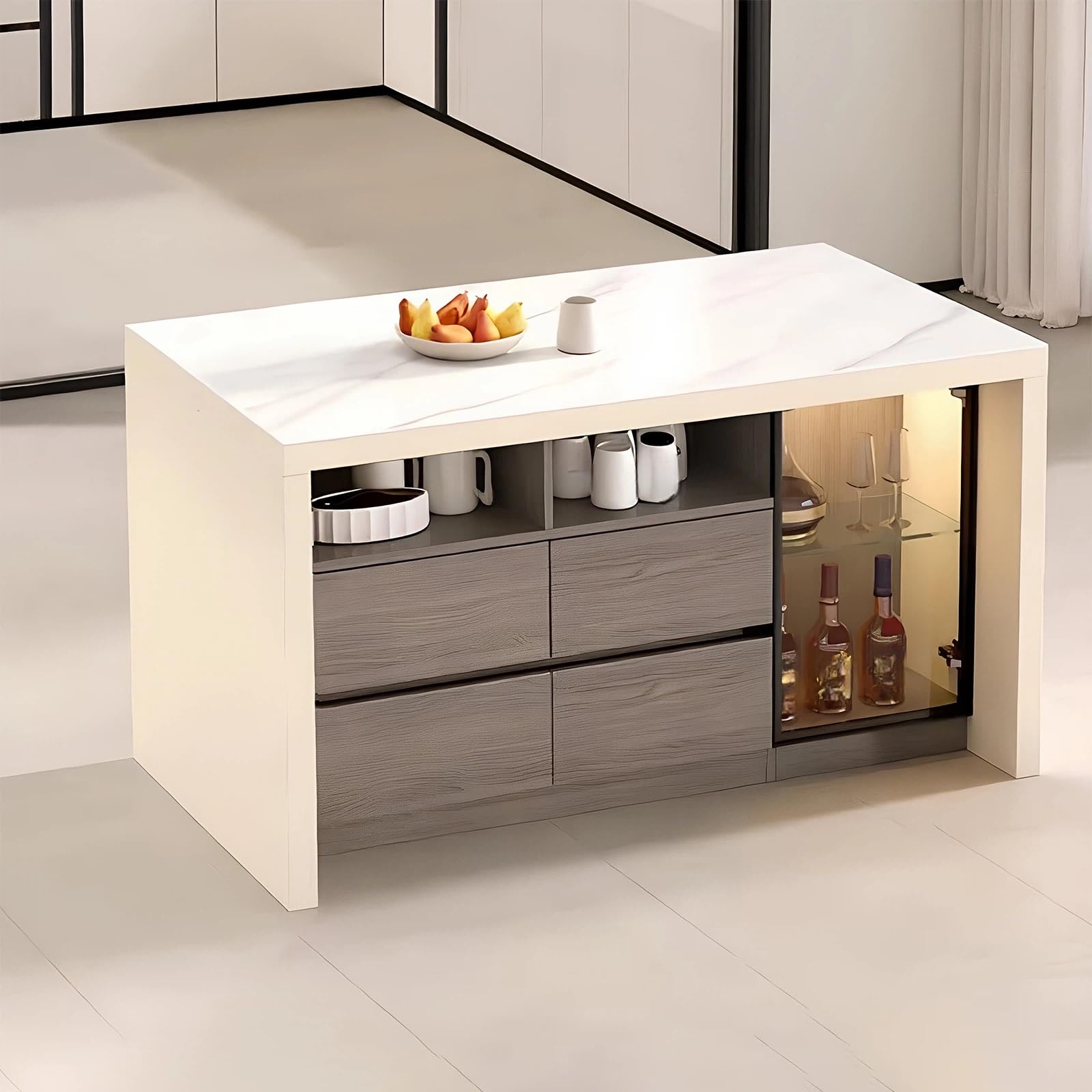 Zf9tBw5sH Unité d'îlot de Cuisine Armoire de Bar d'îlot Cuisine en Pierre frittée avec tiroir Porte Verre, Buffet Rangement