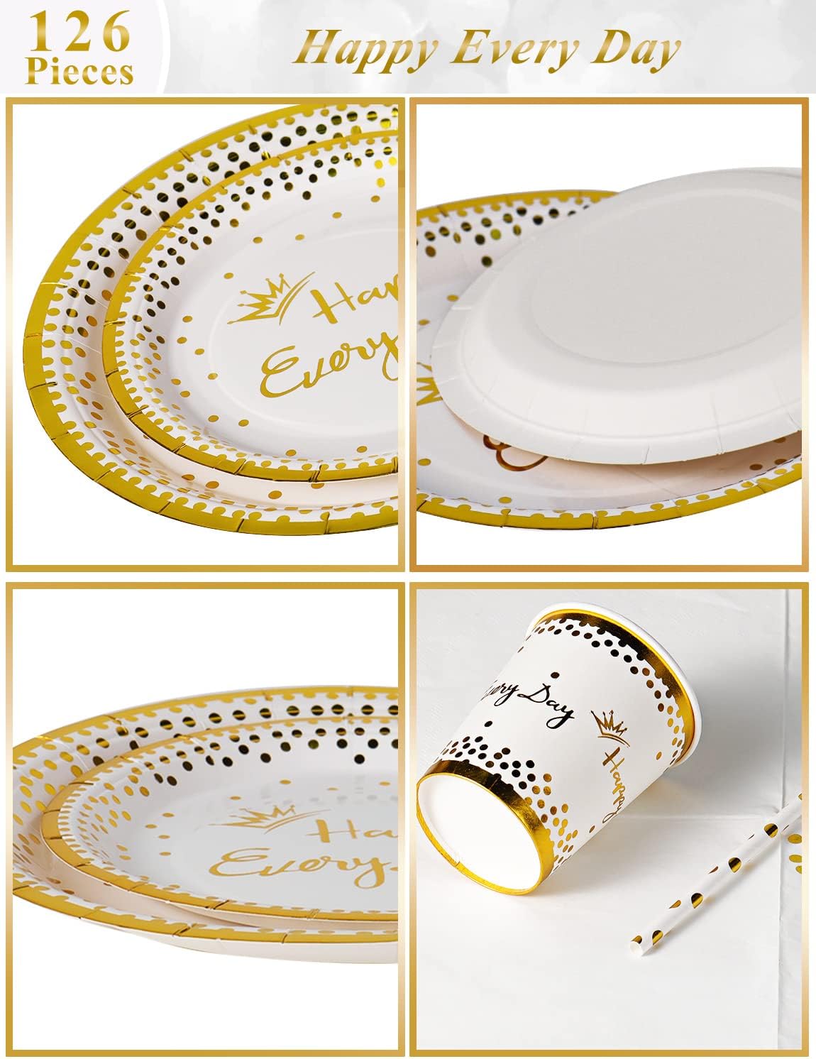 Nkaiso Party Tableware 126 Piece White Gold Paper Tableware Set Includes Birthday Paper Plates Napkins Cups Straws for Wedding Shower Engagement Wedding Birthday-25 Guests - Image 4