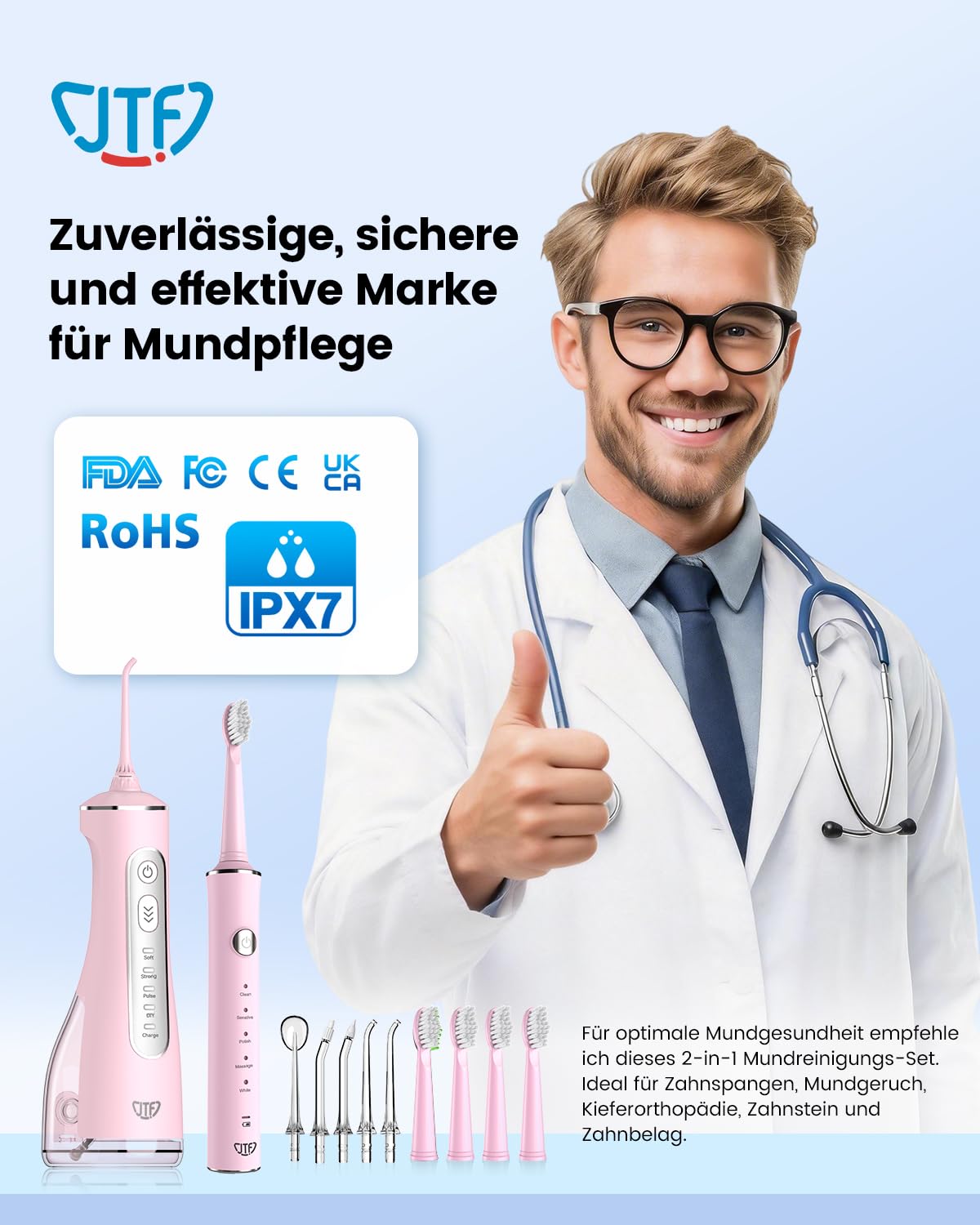 Set di pulizia orale 2 in 1, filo interdentale ad acqua e spazzolini elettrici sonici (rosa)