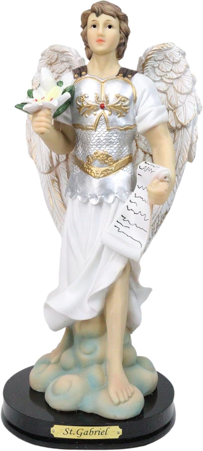 Ebros Gift Christian Catholic Church Archangel Saint Gabriel Holding Scroll and White Lotus Figurine with Base Brass Name Plate 12" Series Angel Messenger of God Patron of Purity Holiness