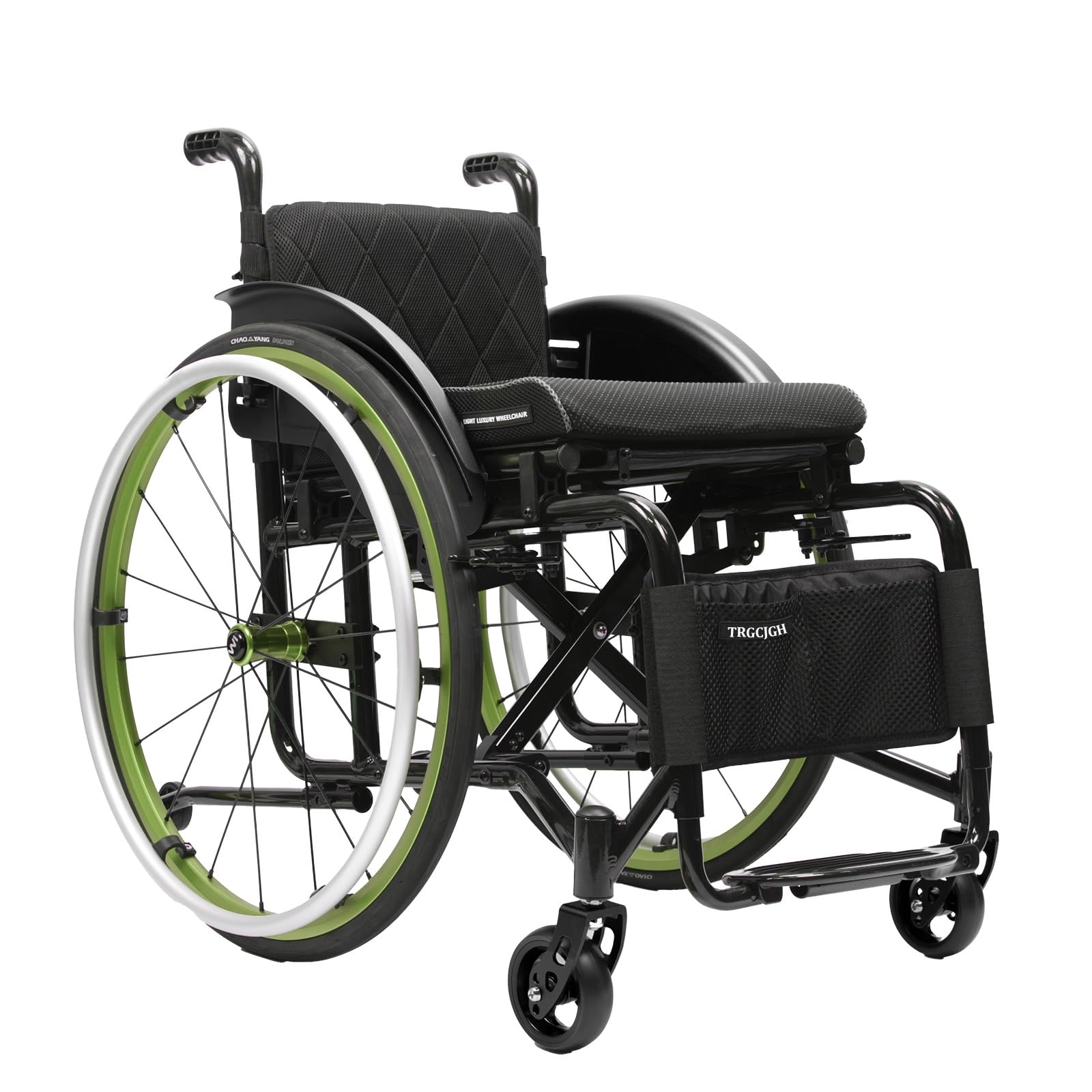 Self-propelled Lightweight Folding Wheelchairs, Aluminum Alloy Boarding Travelling Wheelchair with Handbrakes(Green,17in Seat Width)