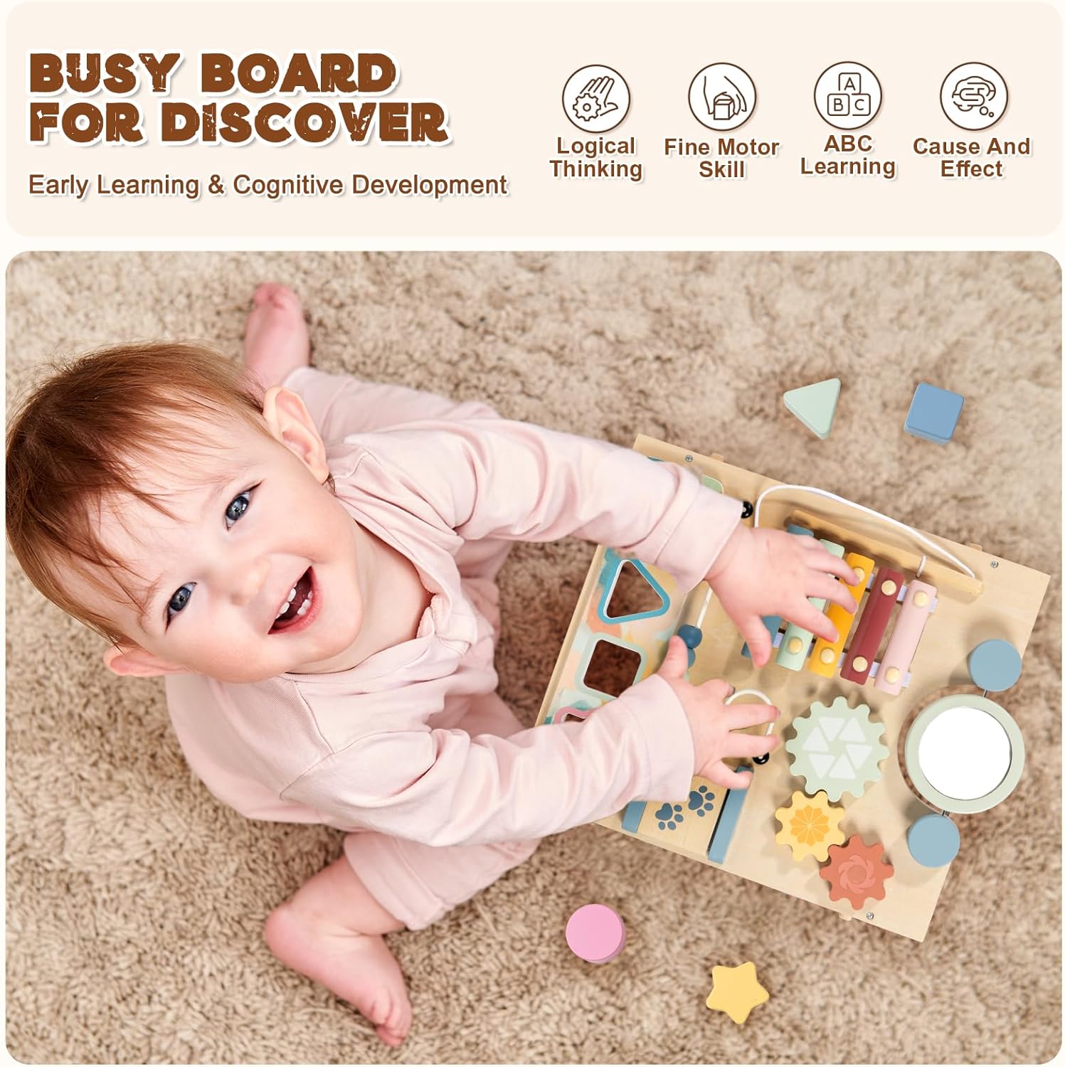 LOL-FUN Wooden Baby Walker with Detachable Busy Board, Push Walker for Baby with Adjustable Speed Wheels, Activity Learning Walker for Boys Girls 12 Months