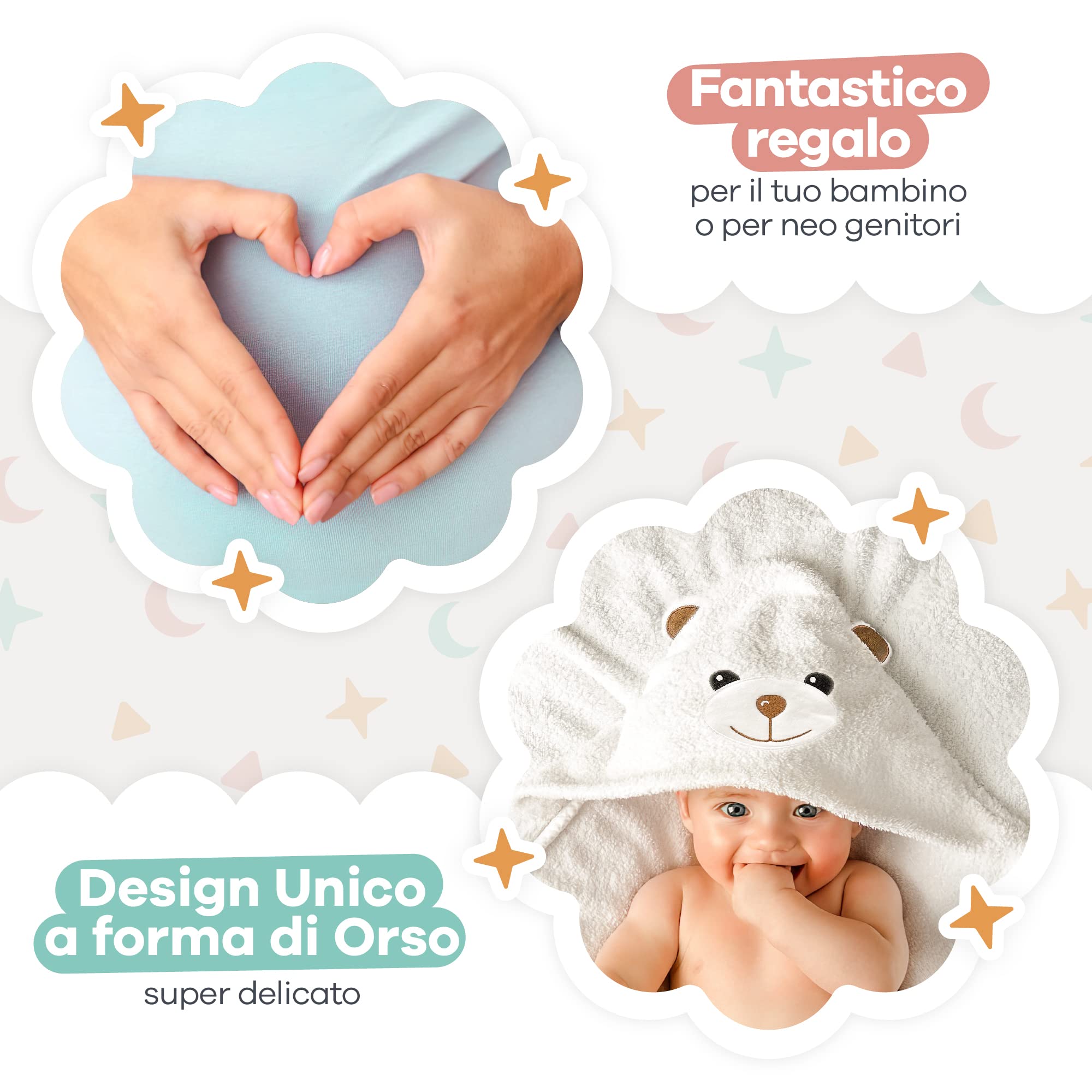 Accappatoio Neonato 6-12 mesi fino a 5 anni 90 x 90 cm, Asciugamano Neonato Bagnetto 100% Cotone Naturale, Soffice e Delicato per la Pelle- Accappatoio bambino a forma di orsetto (Orsetto)