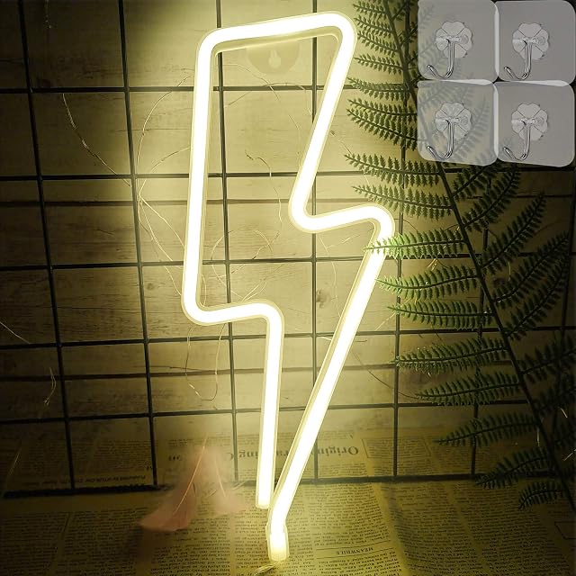 VIFULIN Lightning Bolt Neon Light Lightning LED Lights Neon Lights for Bedroom Neon Signs for Wall Lightning Neon Signs Room Accessories Battery/USB Powered Neon Lamp Neon Wall Lights with 4 Hooks