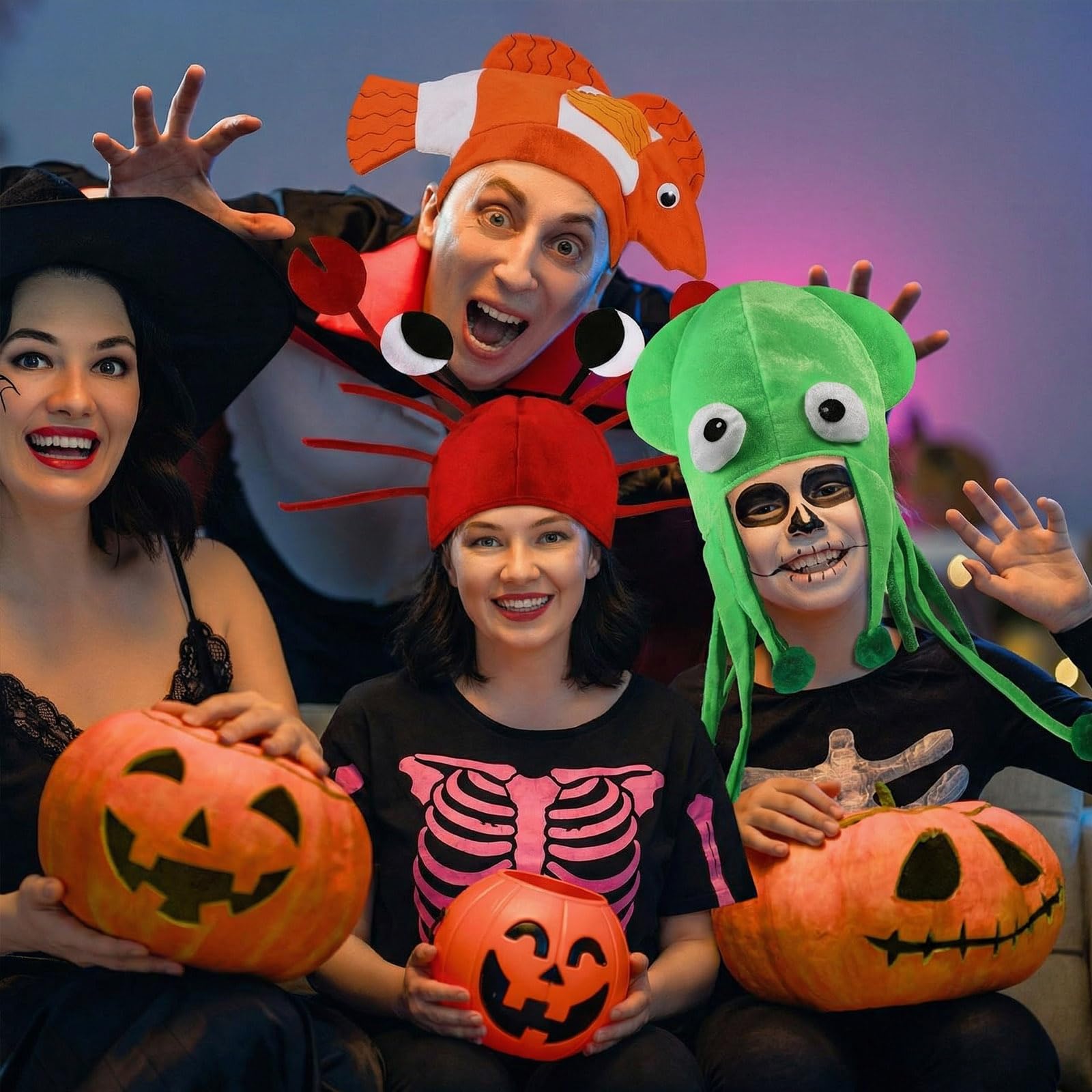 Kasyat 3 Sombreros de Fiesta Divertidos: Calamar, Cangrejo y Pez Payaso - Gorros de Animales Marinos del Océano - Accesorio de Disfraz para Cosplay y Halloween, 3 Estilos