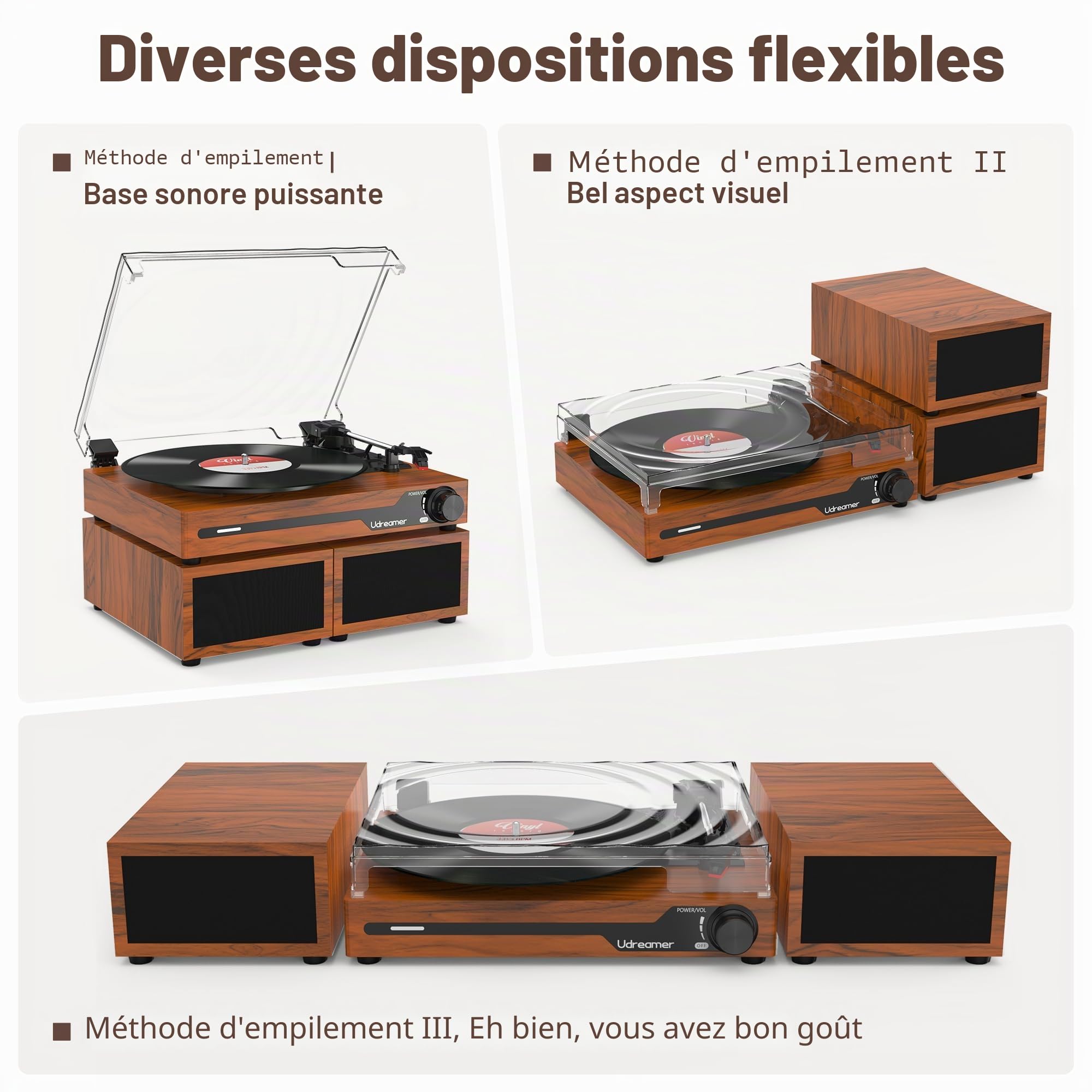 Udreamer Platine Vinyle avec 2 Haut-parleurs Stéréo Doubles, Vintage Tourne-disqu Bluetooth 5.3 Prend en Charge 3 Vitesses, Entrée Auxiliaire, Ligne RCA, USB,Lecture sans Fil, Marron