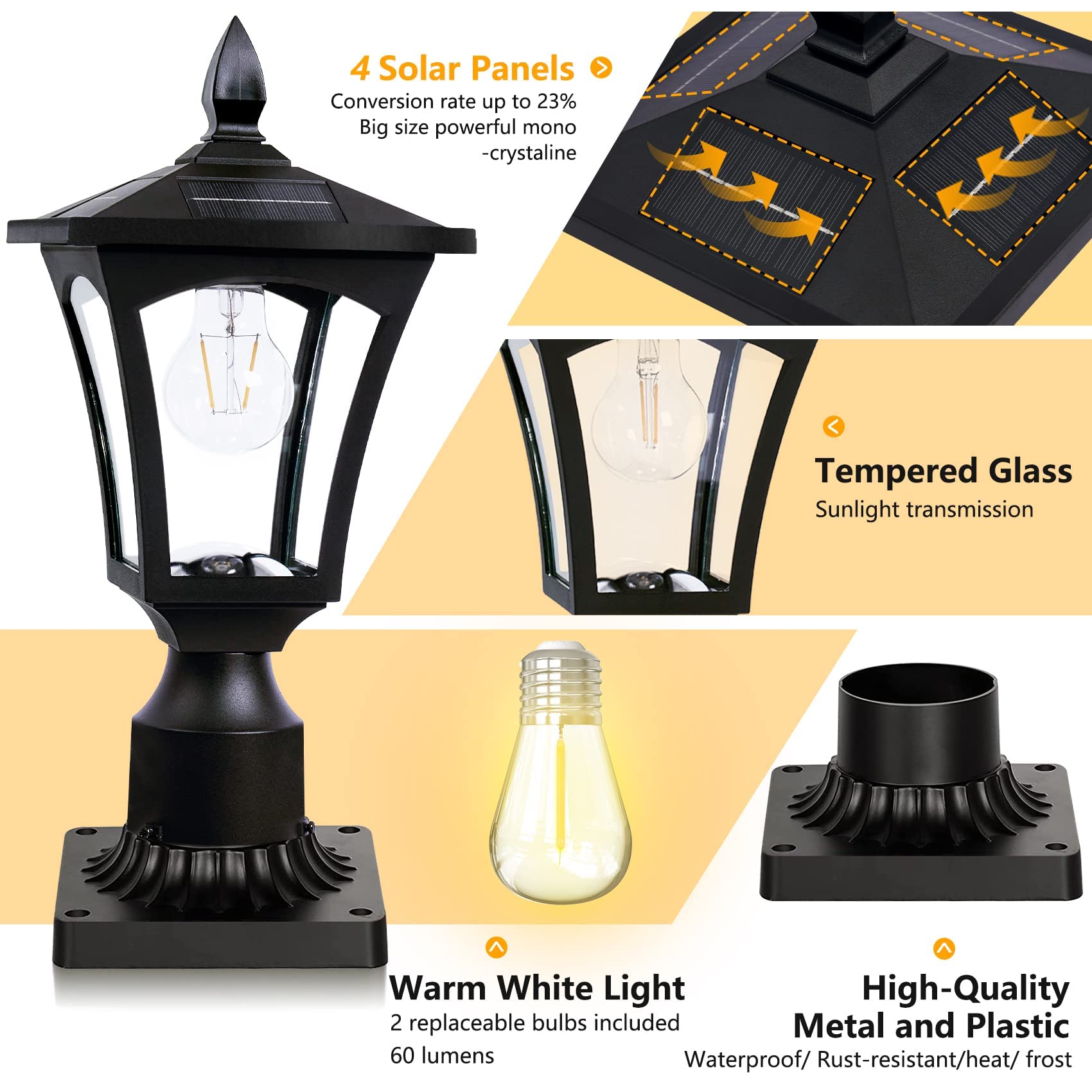 Outdoor Solar Post Light Fixture with 5" Pier Mount Base, Dusk to Dawn Solar Lamp Post Light, Waterproof Solar Outdoor Post Lights for Garden Post Pole Mount, Deck, Replaceable Bulb, Decorative Lamp