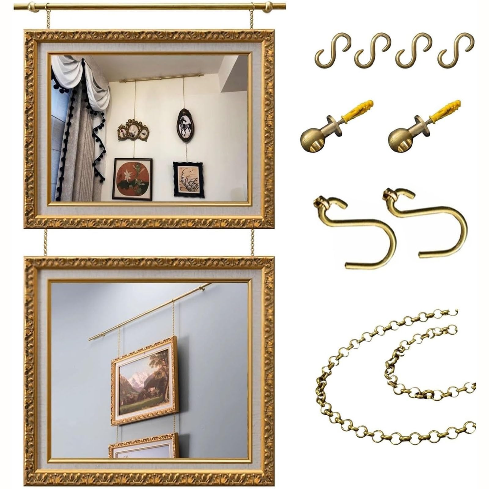 Zhoudong Gold Gallery Picture Rail Hanging Kit, French Style Gallery Rail, with Brass Finish, Wall Art Track System, Museum Picture Frames Display Rod(70cm)