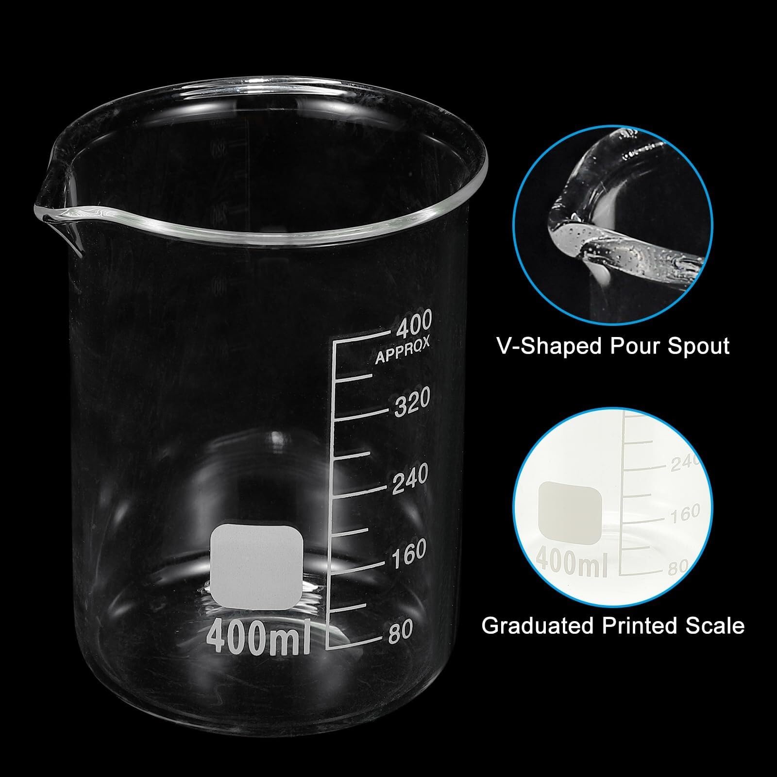 Zlewka laboratoryjna, Zlewka ze szkła borokrzemowego o pojemności 5 ml, 4 opakowania z podziałką, miarka laboratoryjna(400ml)