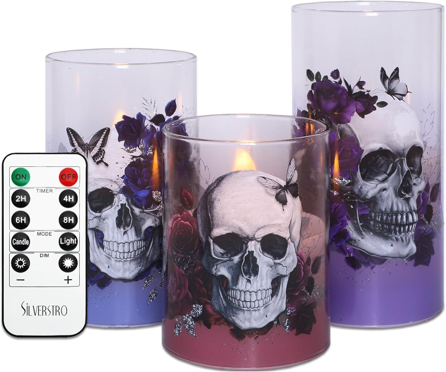 Silverstro Gothic Skull Flameless Candles Set with Remote Control Timer Function, 3-Piece Horror Theme Halloween Decorative Candles for Home Party Haunted House Horror Theme Halloween Decorations