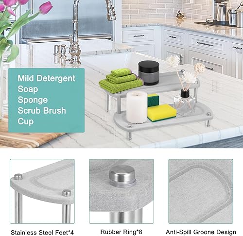 Miniatura 4 de uxcell Bandeja de fregadero de 2 niveles de secado rápido, organizador de secado instantáneo, bandeja de piedra absorbente de agua para encimera,