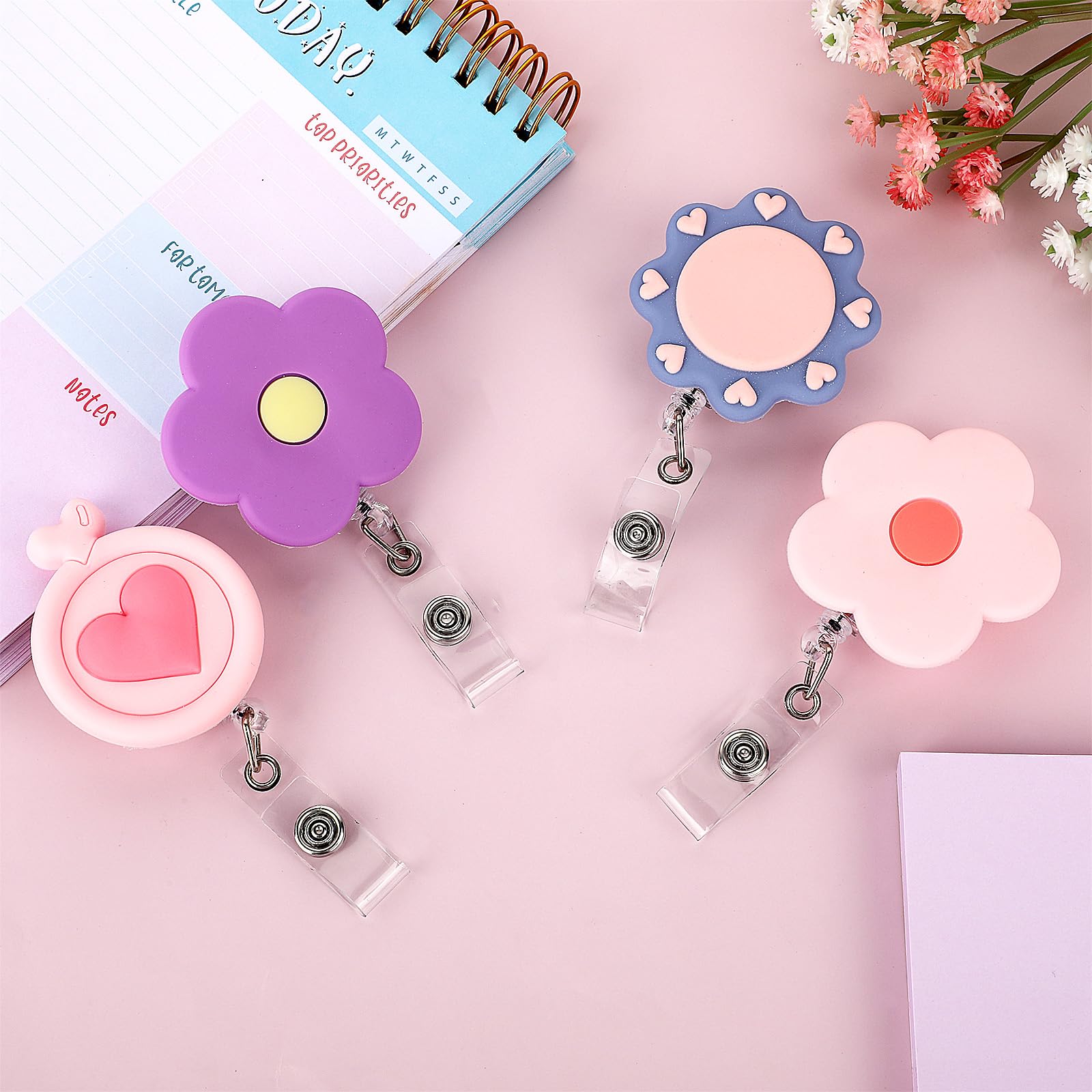 Lsphioole Pink Flower Badge Holder – Retractable Reel Extends To 20", 360° Rotate, For Nurses, Teachers