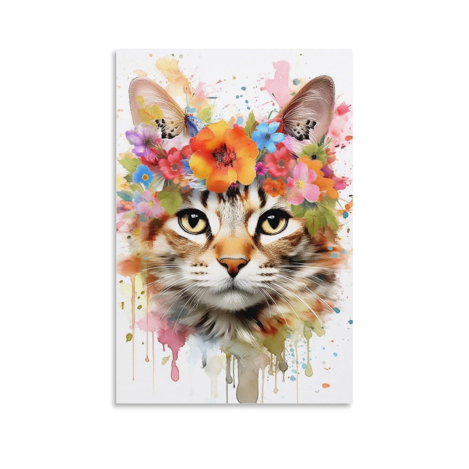 FOCCAR Watercolor Floral Cat Printed Canvas Posters Brown Kitten With Flower Wall Decor for Living Rooms Bedroom Wall Art