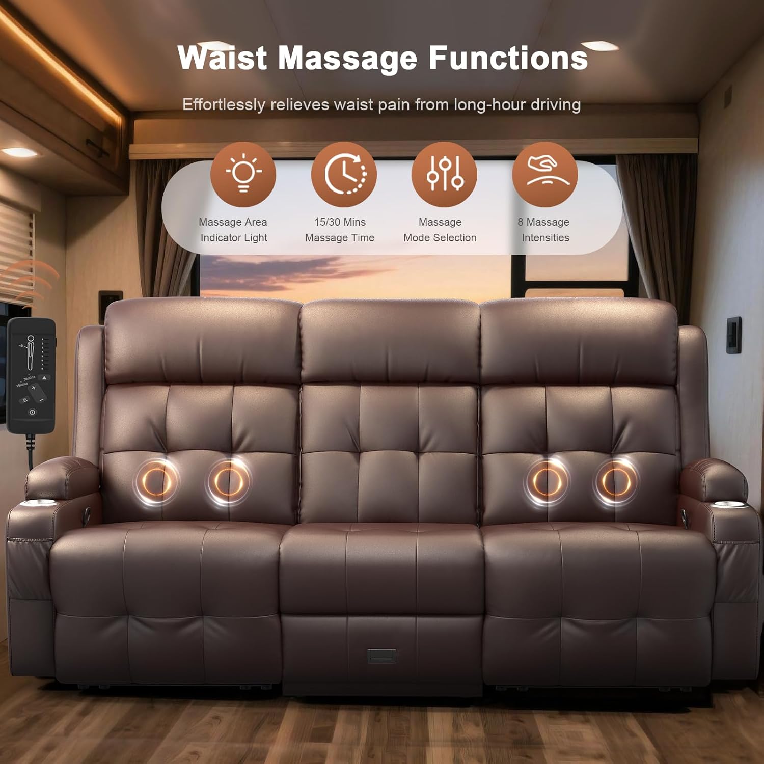 3-Seater Loveseat Recliner Sofa, RV Wall Hugger Home Theater Seating Reclining Couch with Flip-Down Backrest, LED Lights, Massage, Built-in Power Strip, Drawer & Cup Holders for RV & Living Room