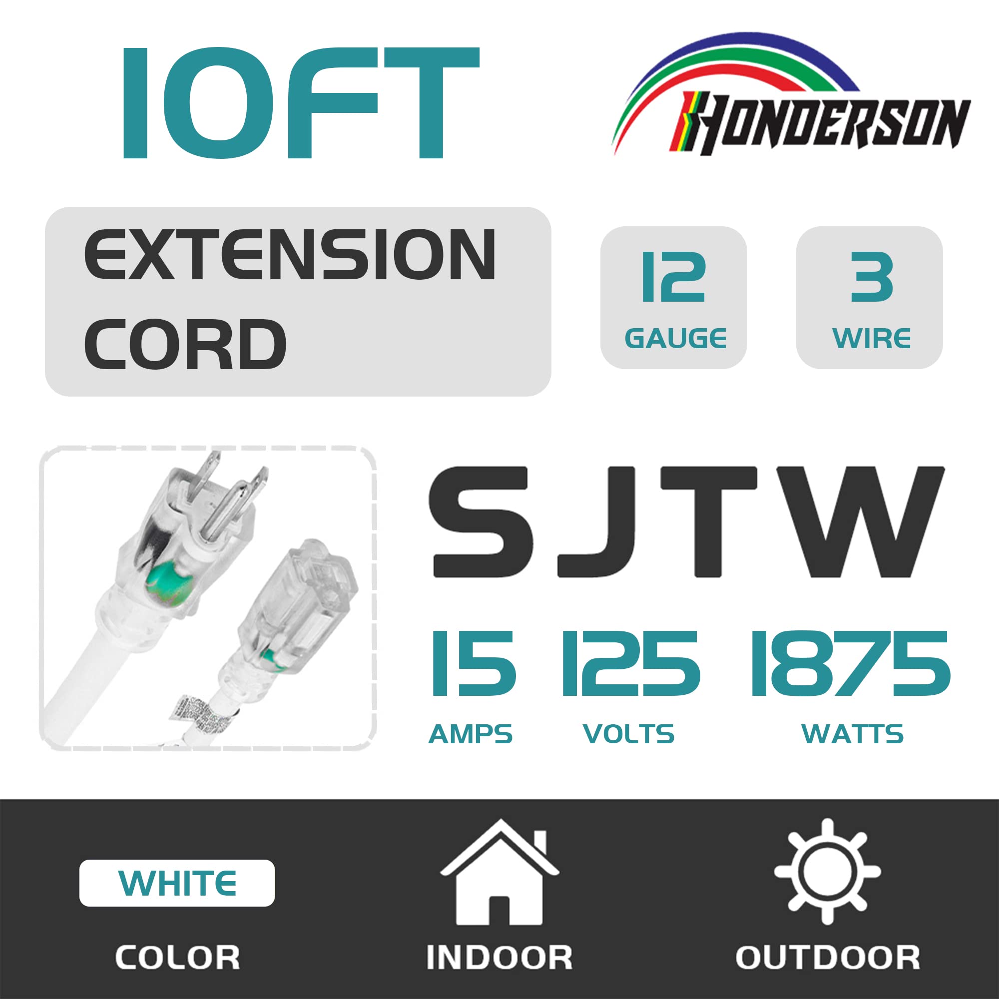 Cable de Extensión para Exteriores con Iluminación 12/3: Cable de Extensión Resistente Sjtw de Calibre 12 Y 3 Clavijas con Enchufe con Conexión A Tierra de 3 Clavijas para Mayor Seguridad, C