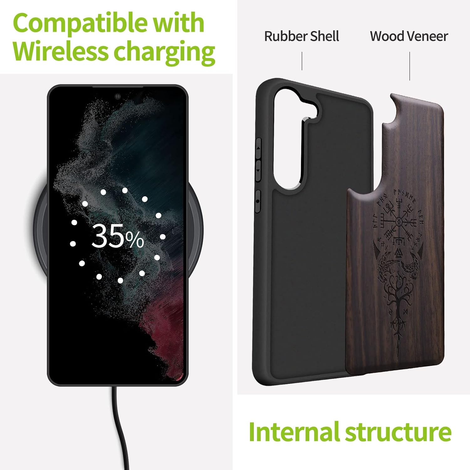 Carveit Wood Case for Galaxy S23 Case [Natural Wood & Black Soft TPU] Shockproof Protective Cover Unique & Classy Wooden Design Compatible with Samsung S23 (Viking Compass-Blackwood)