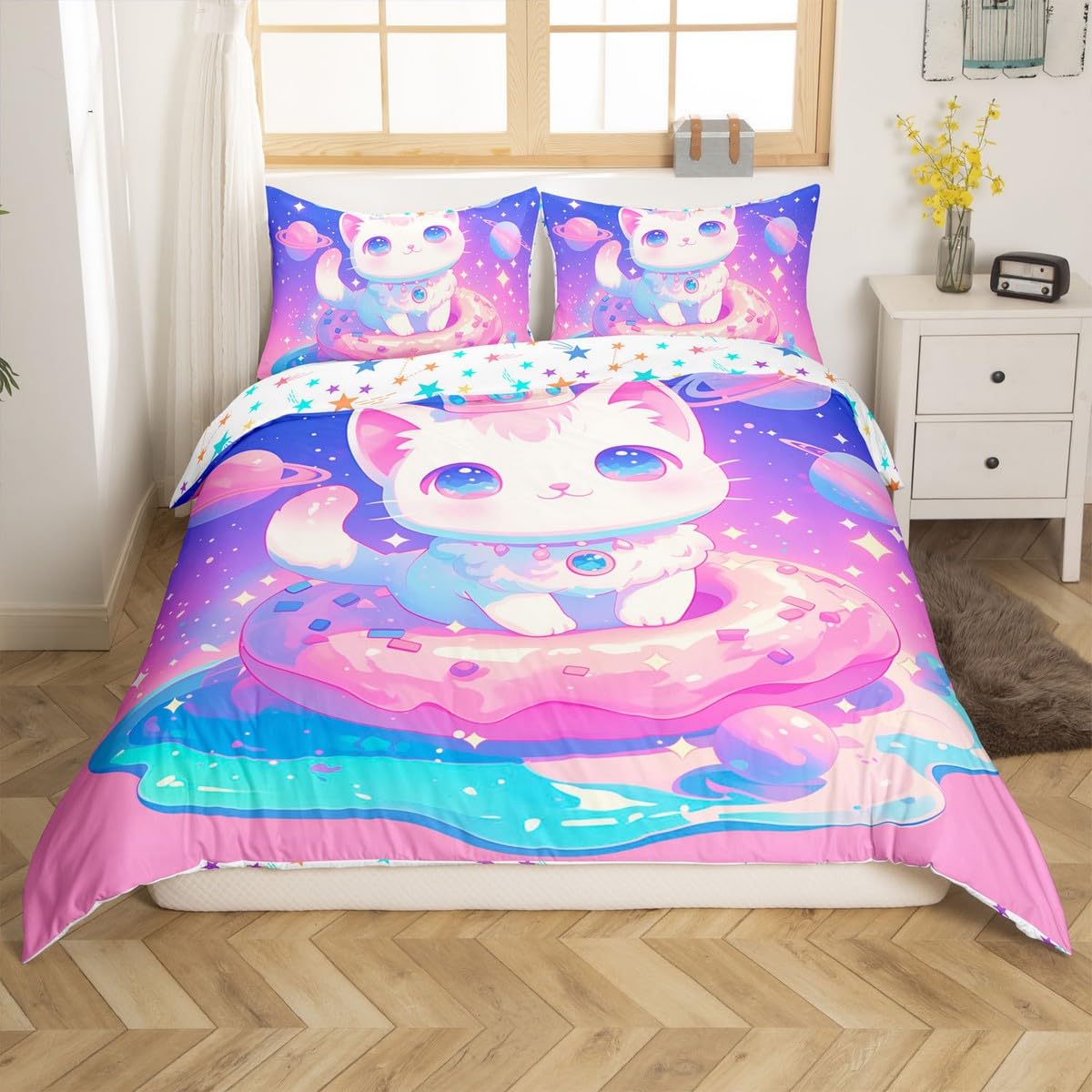 jejeloiu Boys Girls Cat Comforter Cover Toddler Size, Cute Kitten Bedding Set for Cartoon Animal Duvet Cover Kids Galaxy Teens Bedspread Cover Bedroom Decor with 1 Pillow Case (No Comforter)