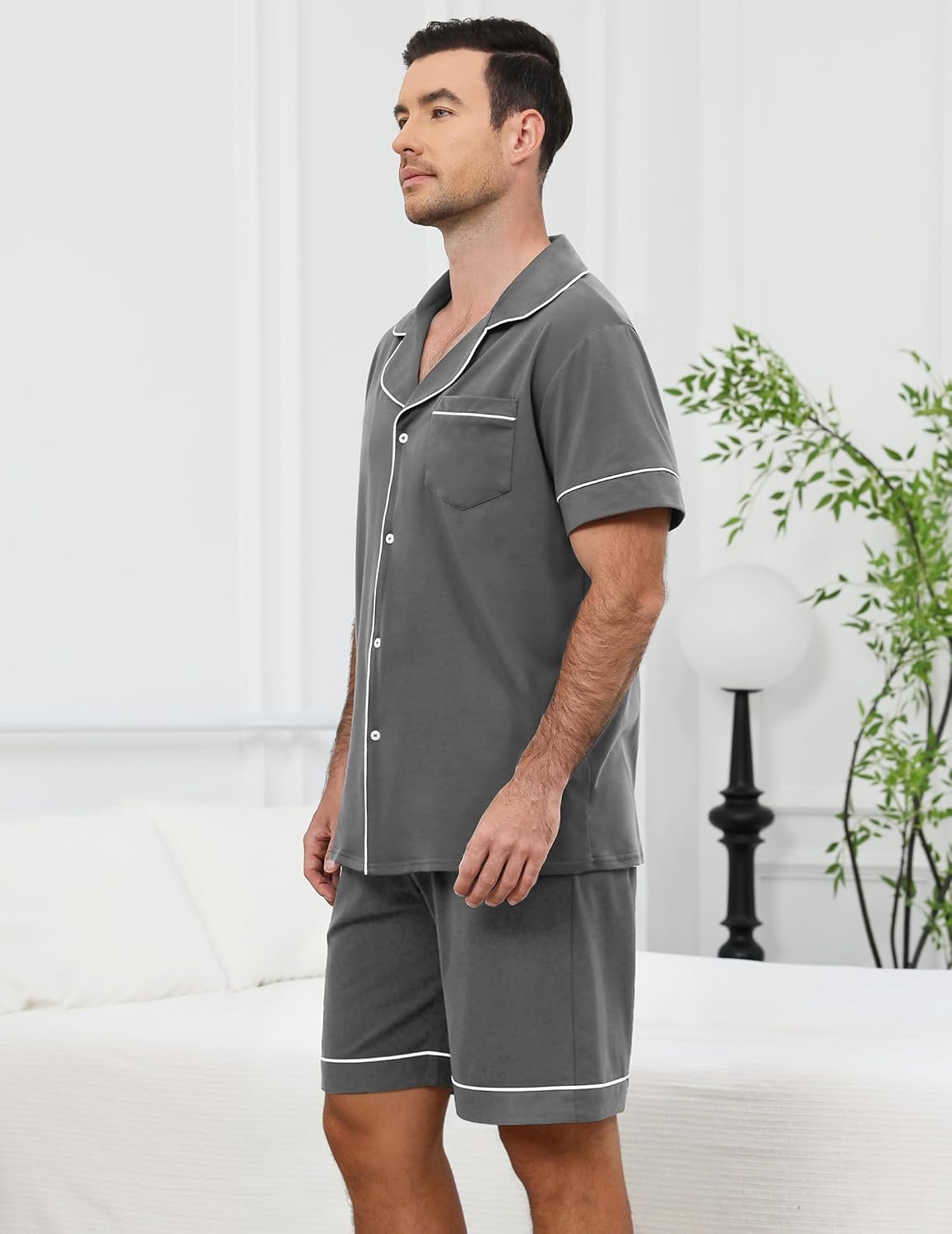Mens Pajamas Set Cotton Short Sets for Men Button Down Sleepwear Summer Lightweight Mens Shorts Pjs Sets with Pockets