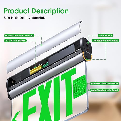 Miniatura 2 de Letrero de salida LED con borde iluminado, carcasa de aluminio cepillado, panel acrílico giratorio transparente de una cara, letreros de salida de