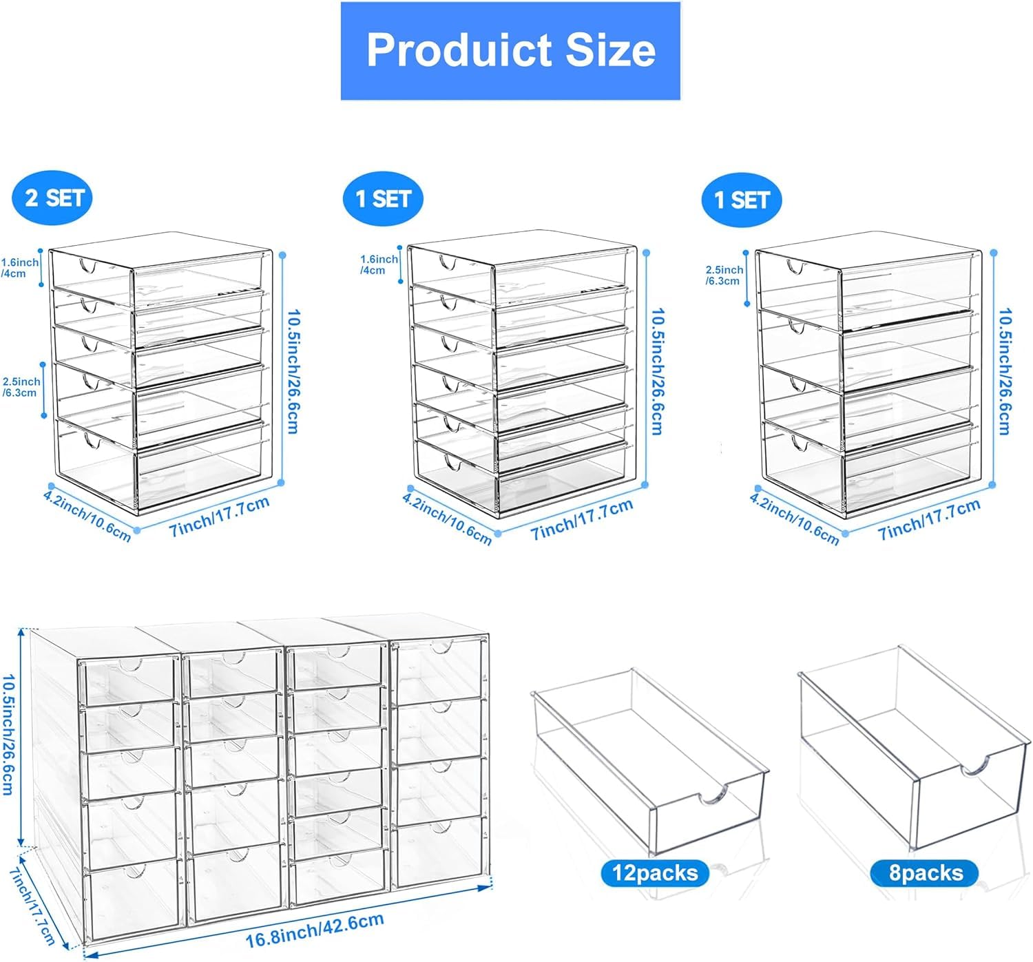 Lot de 4 organisateurs cosmétiques avec 20 tiroirs, empilables, tiroirs de rangement en acrylique durable, organiseurs de bureau transparents pour bureau, salle de bain, rangement de bijoux