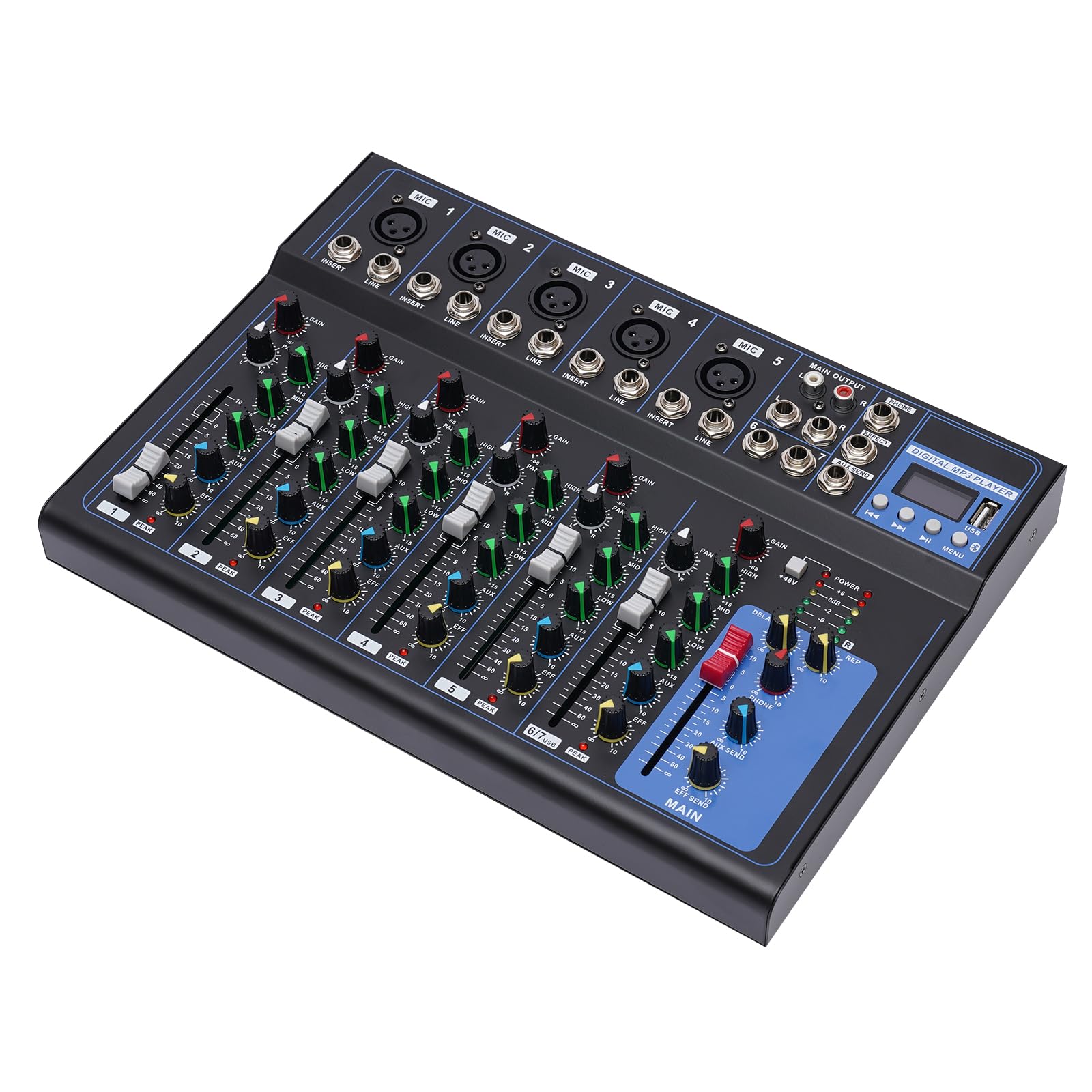 7 Kanal Tragbarer Mischpult USB Bluetooth mit Verstärker, DJ Controller Equipment mit 6 Musikmodi, Audio Mixer mit Kompatibel Verschiedenen Geräten für Aufnahmestudio und DJ Mixer Konsole