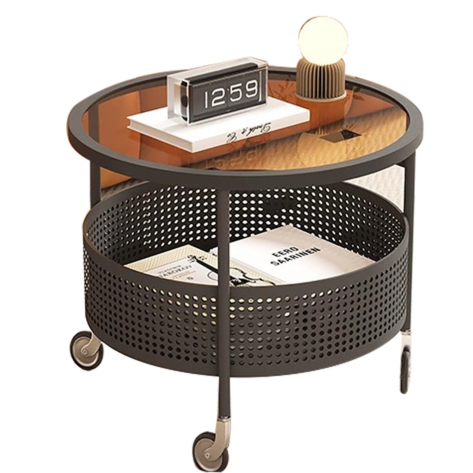SXZenSpace Small Round Side End Table with Metal Frame Mobile Hollow Design Basket for Living Room Bedroom(Bianco)