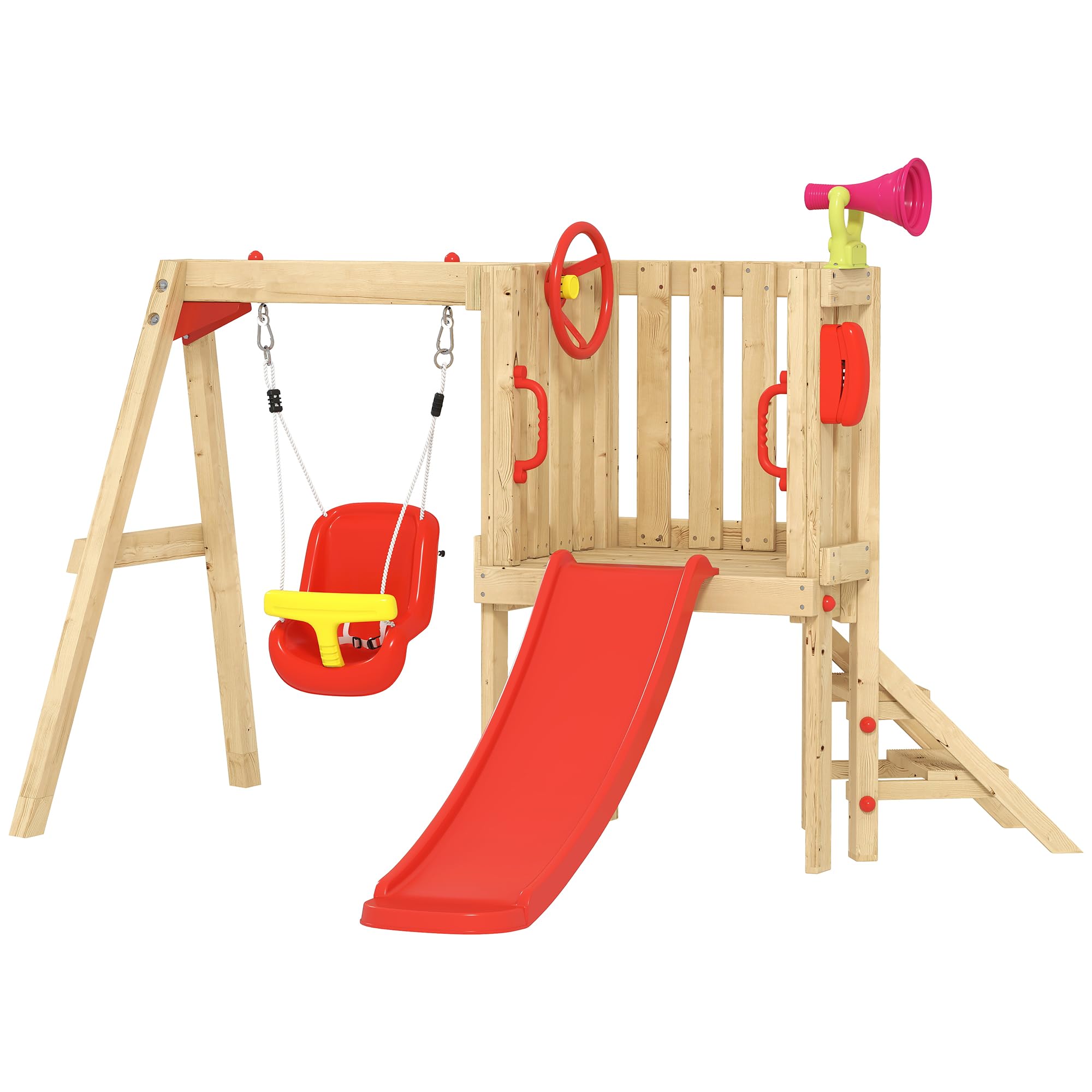 Outsunny Kids Swing and Slide, 5 in 1 Wooden Outdoor Playground with Swing, Slide, Steering Wheel, Horn, Phone, for Children 18-48 Months, for Patio, Lawn, Red