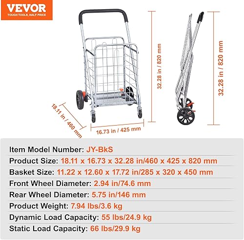Miniatura 7 de VEVOR Carrito de compras plegable, capacidad de carga máxima de 66 libras, carrito utilitario de comestibles con ruedas giratorias giratorias, cesta