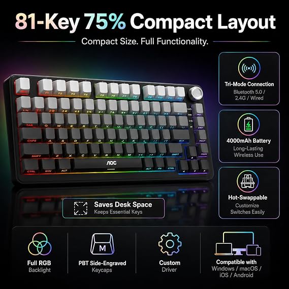 AOC GK330 75% Wireless Mechanical Gaming Keyboard, Hot-Swappable 3-Mode RGB