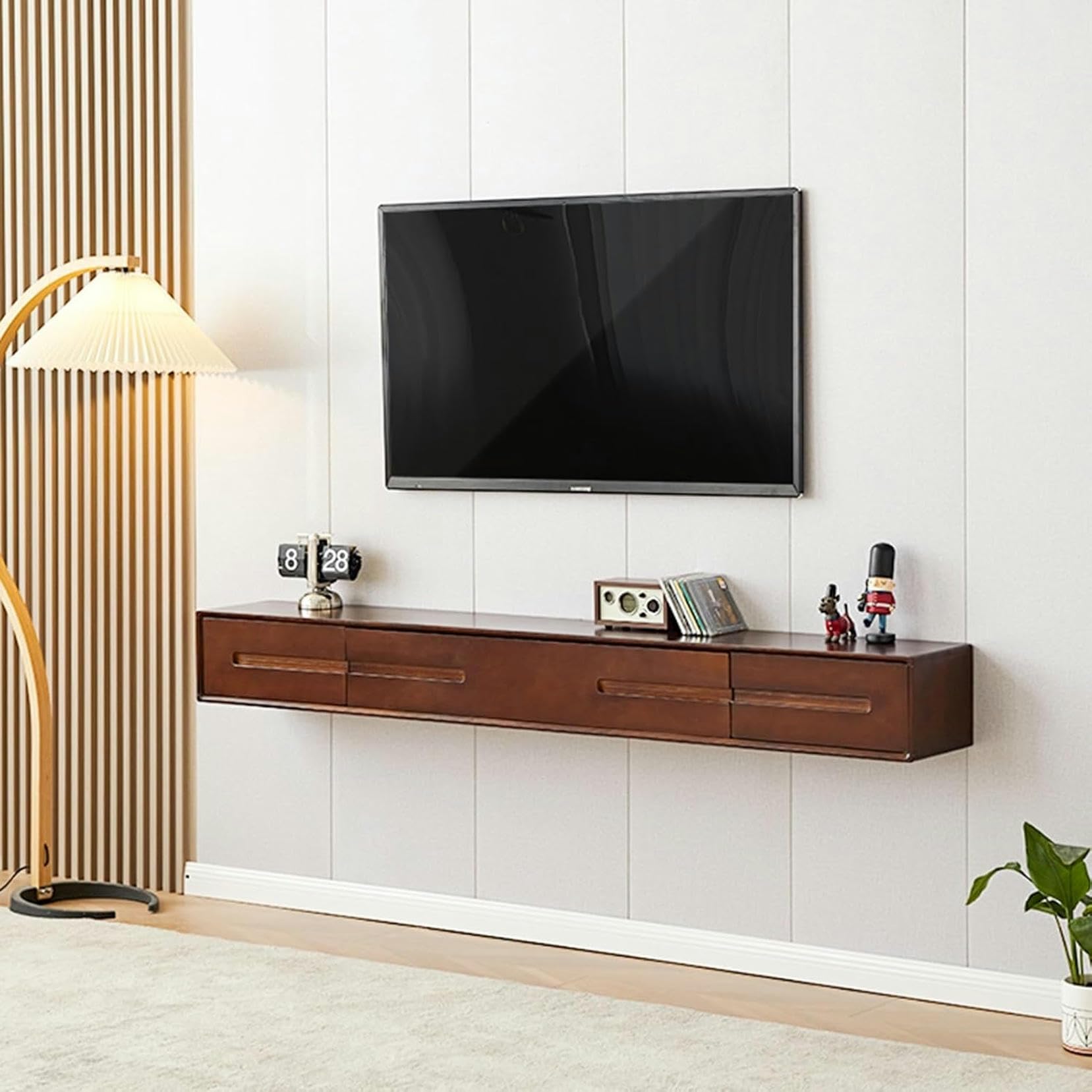 Meuble TV flottant en bois massif avec rangement WiFi et DVD