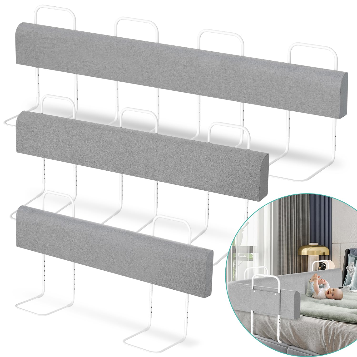 2xBettgitter für Kinder 150cm, Bettschutzgitter 5-Loch Höhenverstellbar, Rausfallschutz Bett, Kinderbettgitter, klappbar Bettgitter, Einfach zu Montieren(Grau)