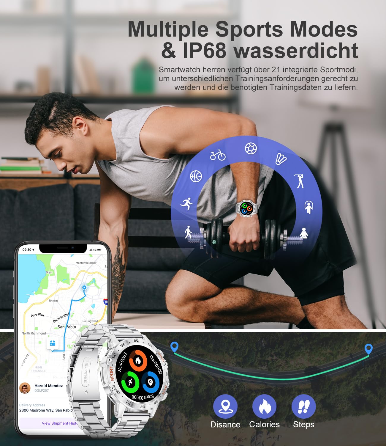 LIGE męski smartwatch smartwatch 1,39'' do połączenia Bluetooth Android iOS Krokomierz Sport Cardiofrequence, inteligentny zegarek 111 wodoodpornych trybów sportowych IP68 podłączony stoper
