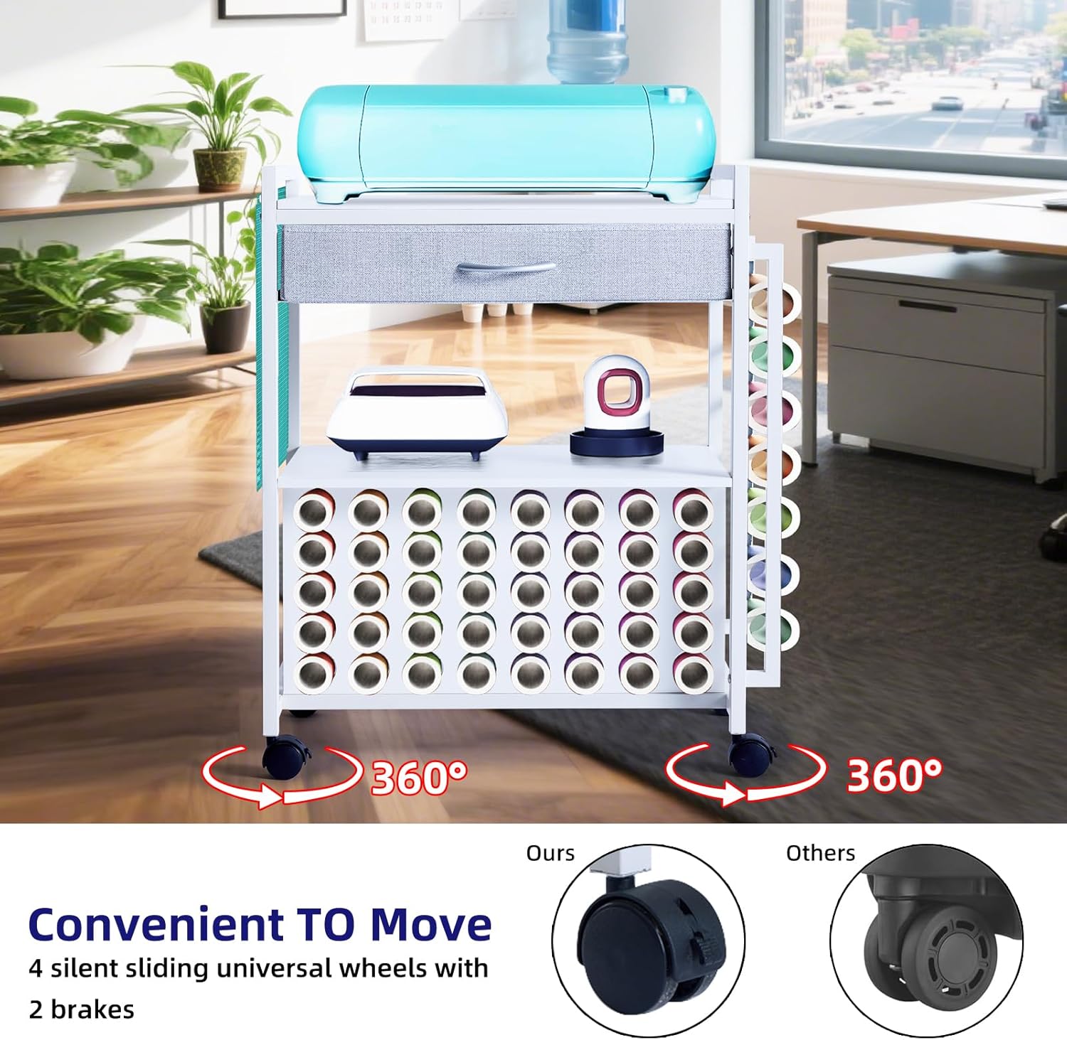 GarveeHome Craft Organizer and Storage Rolling Cart Compatible with Cricut Machine, Craft Storage Cart with Fabric Drawer & Hook, 47 Vinyl Roll Holder for Home Crafting Workstation Room