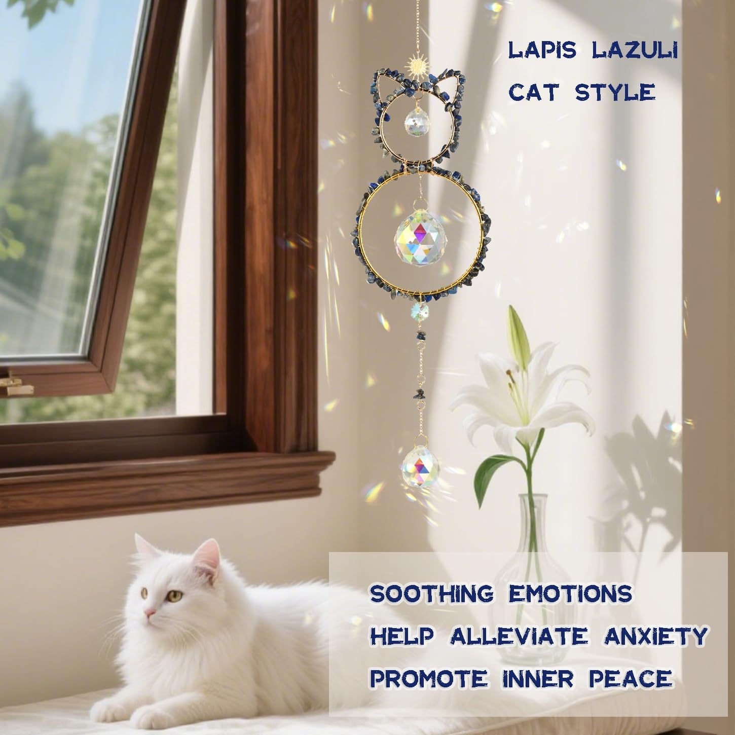 Lapis Lazuli - Hanging cat Shaped Light Catcher, a Natural Healing Stone That Brings Balance and Harmony to The Soul. Suitable for Home Decoration, Good Luck Gifts, Christmas, Birthdays(Lapis Lazuli) - Image 2