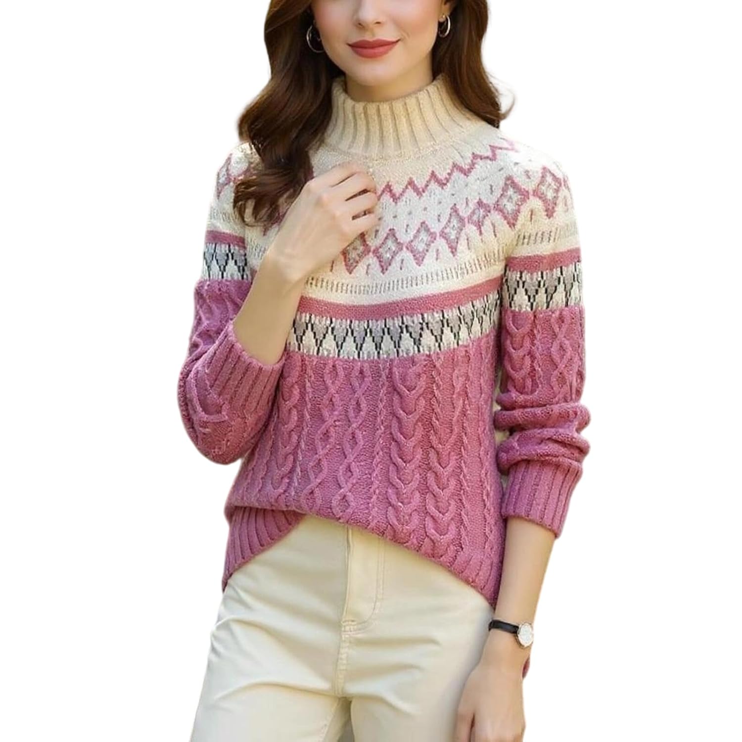Womens Fall Winter Mock Neck Sweaters Casual Trendy Fair Isle Long Sleeve Knitted Pullover Sweater