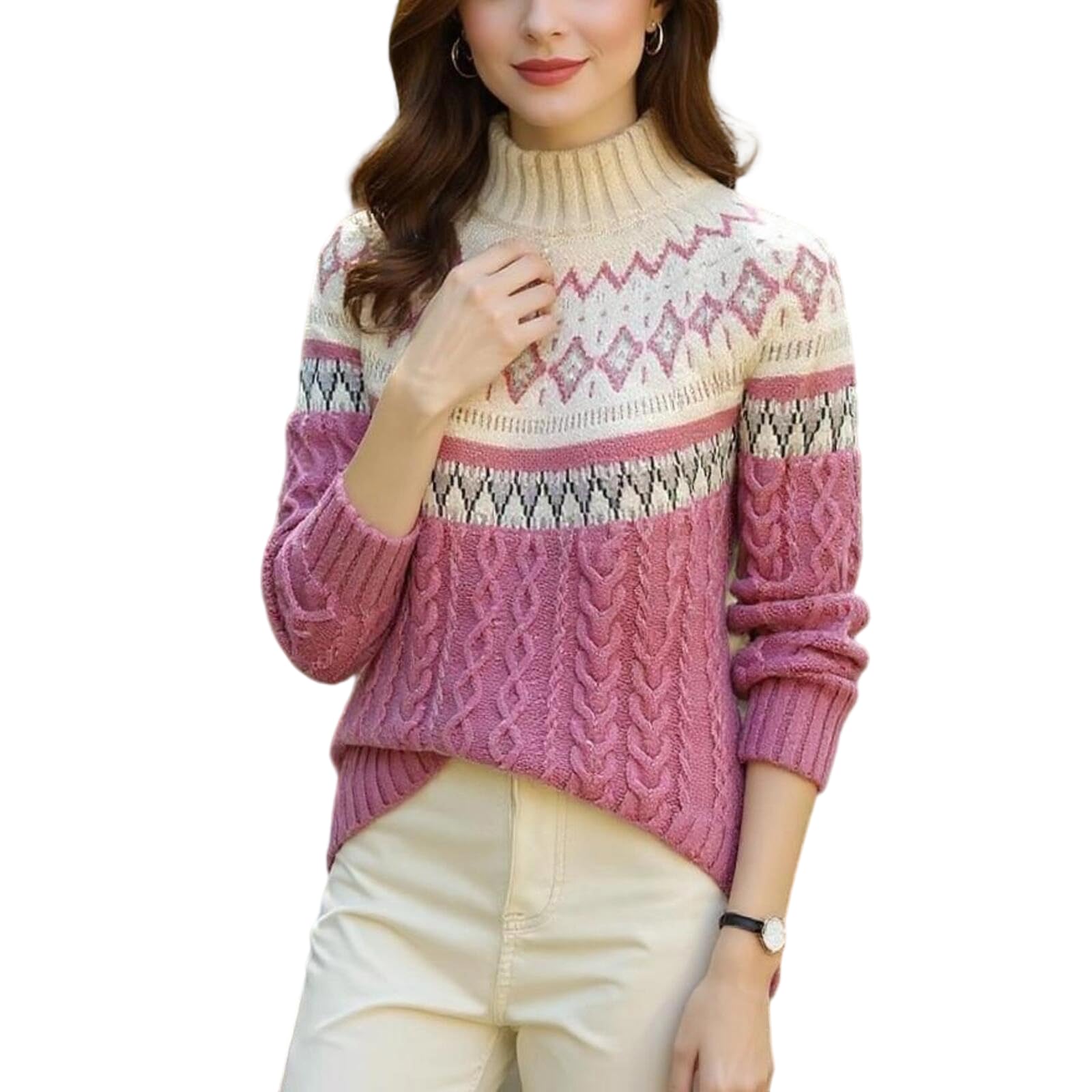 Womens Fall Winter Mock Neck Sweaters Casual Trendy Fair Isle Long Sleeve Knitted Pullover Sweater