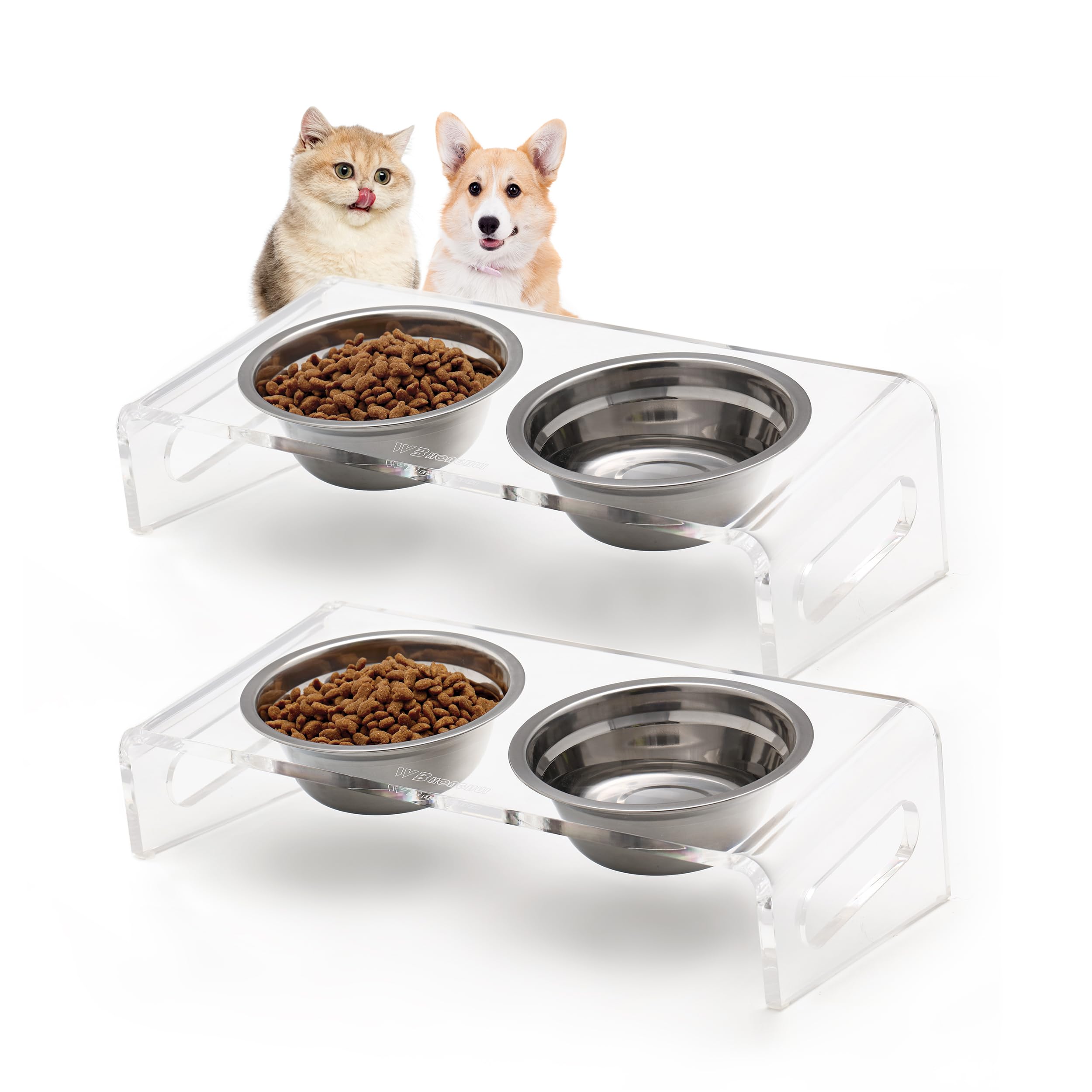 Tilted Raised Pet Bowl Stand - Clear Acrylic Holder For Cat Or Small Dog  Food & Water Dishes
