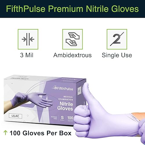 Miniatura 6 de Guantes desechables de nitrilo lila, 100 unidades, guantes de nitrilo de 3 mil pequeños, guantes de goma sin polvo y látex, guantes de examen médico