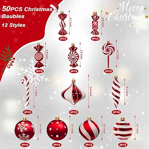 Miniatura 3 de QBA Juego de 50 adornos de bastón de caramelo de Navidad, decoraciones de árbol de Navidad con cuerdas para colgar, bolas de plástico inastillables